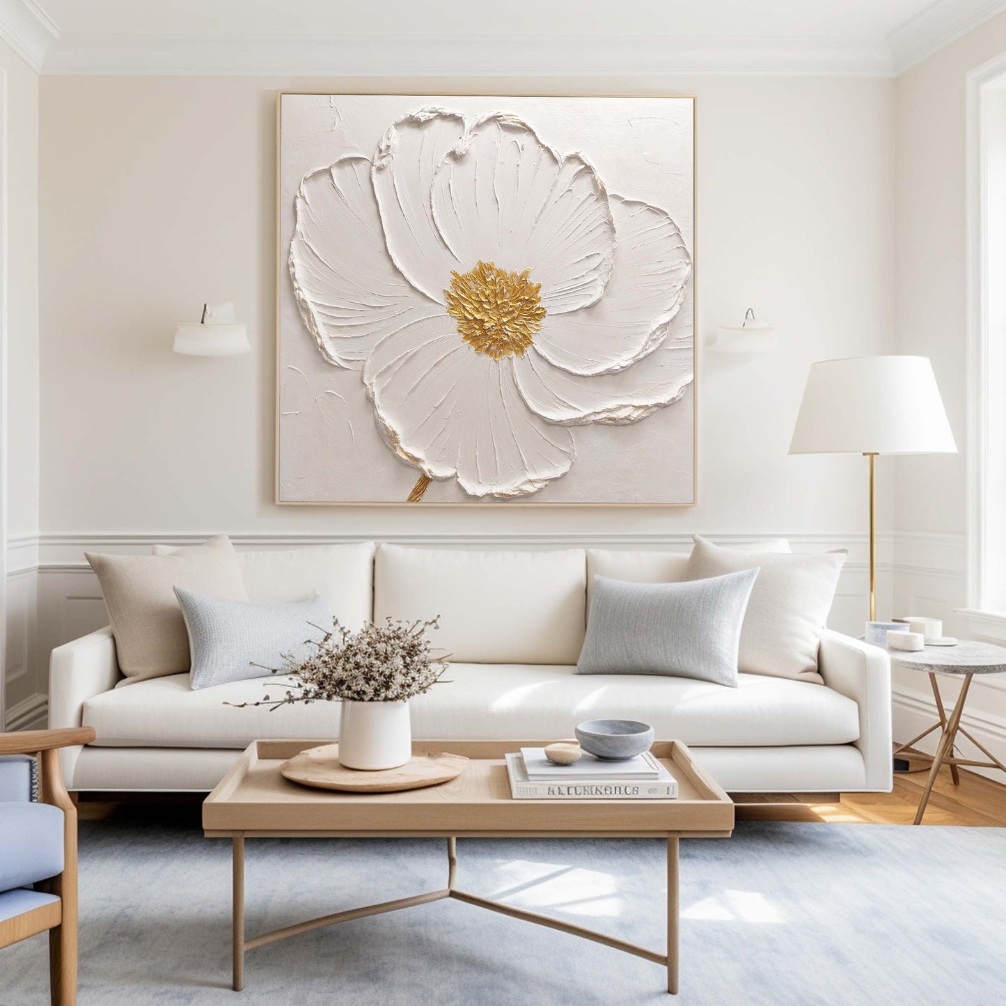 Elegant White Flower Oil Painting with Golden Details for Modern Decor