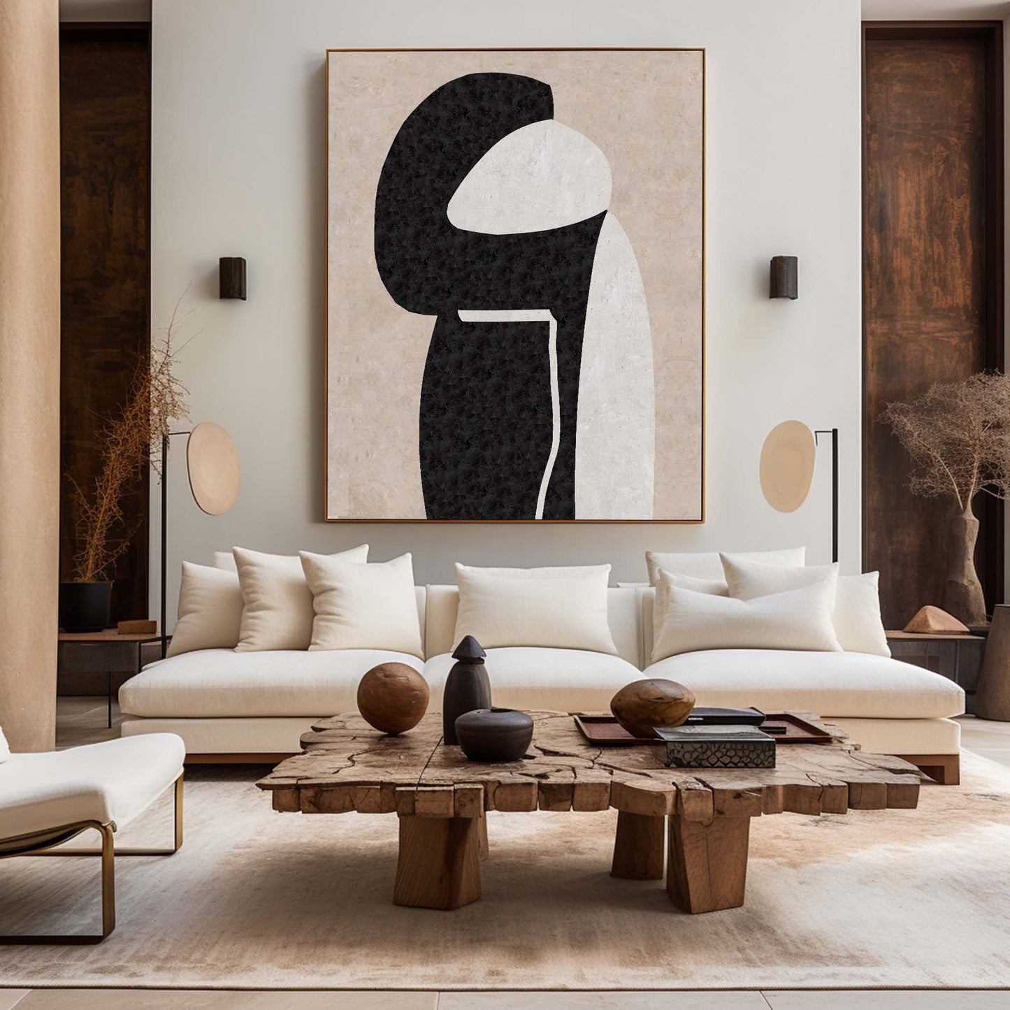 Modern Beige and Black Minimalist Abstract Oil Painting for Contemporary Decor
