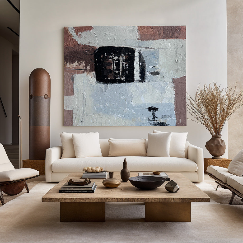Contemporary Abstract Oil Painting with Textured Layers and Minimalist Design