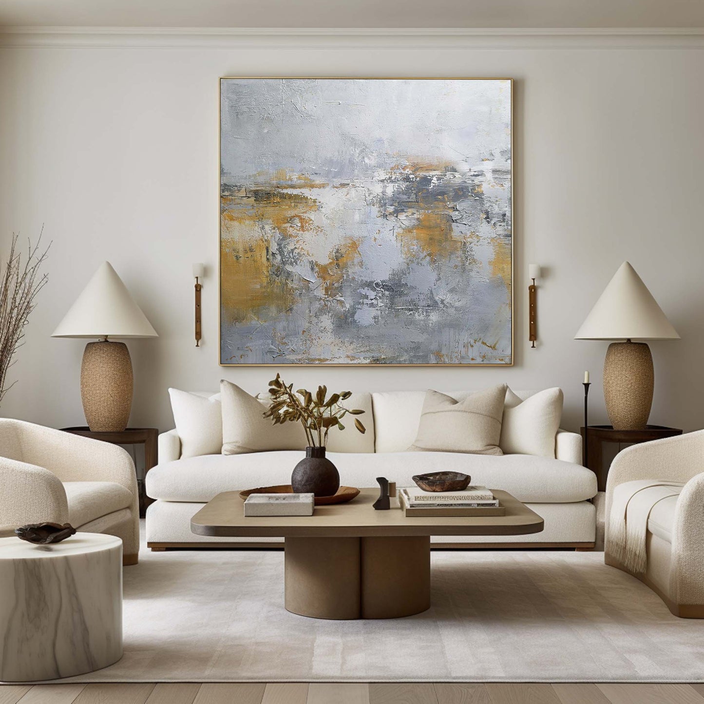 Abstract Modern Coastal Landscape in Soft Pastels and Gold Tones for Elegant Decor