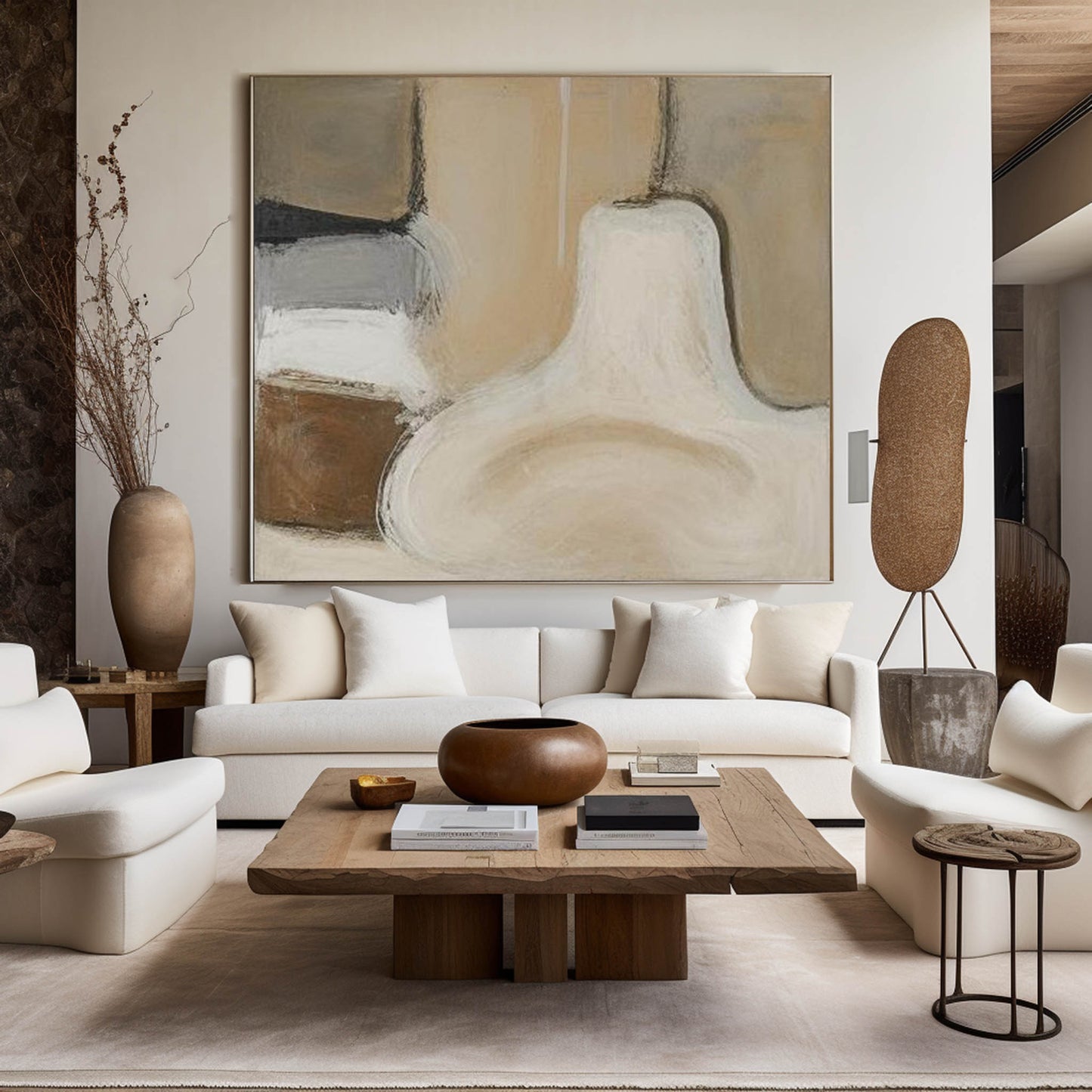 Contemporary Neutral Tones Abstract Oil Painting for Modern Home Decor