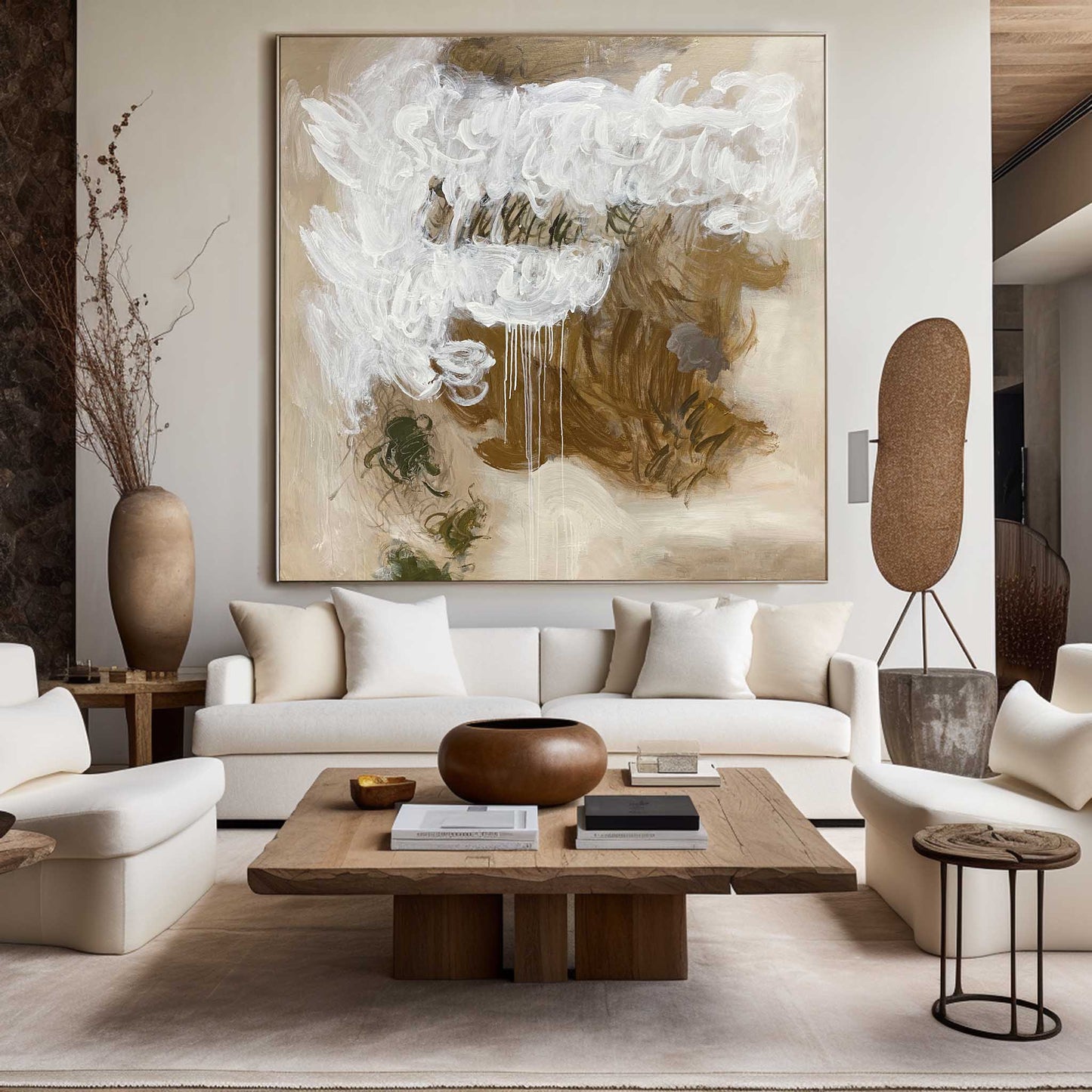Contemporary Abstract Oil Painting with Textured White and Earth Tones