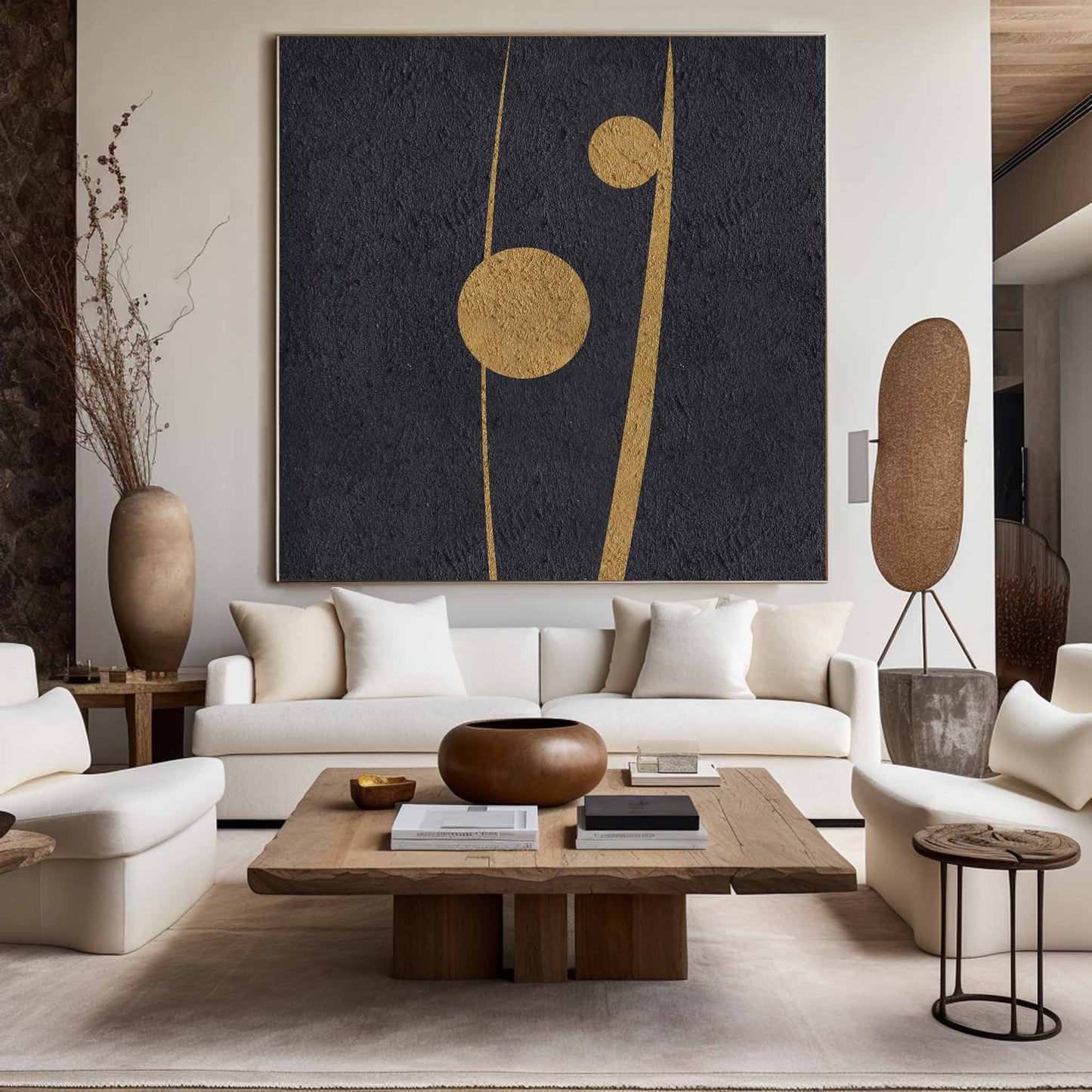 Elegant Black and Gold Abstract Minimalist Oil Painting for Modern Home Decor