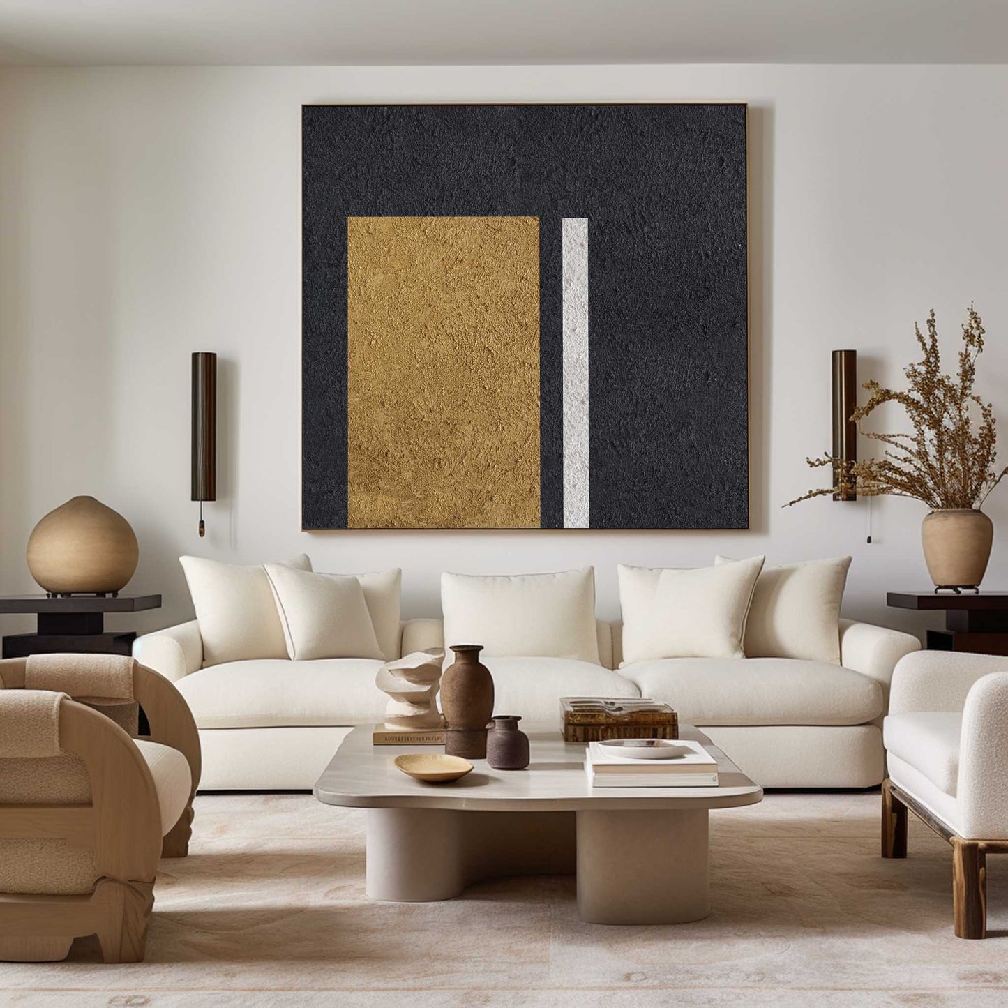Elegant Black Gold White Minimalist Oil Painting for Modern Home Decor