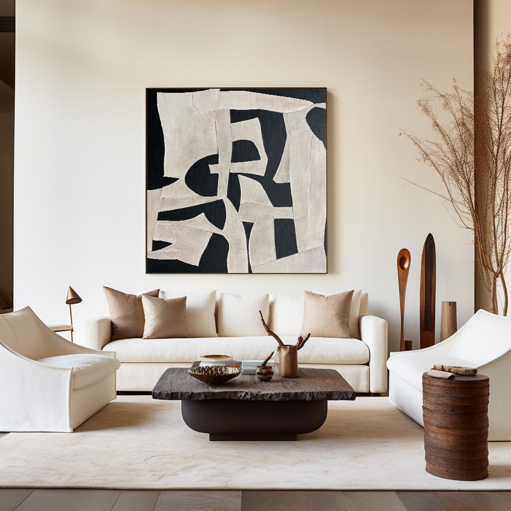 Chic Modern Abstract Oil Painting in Black and White for Stylish Home Décor