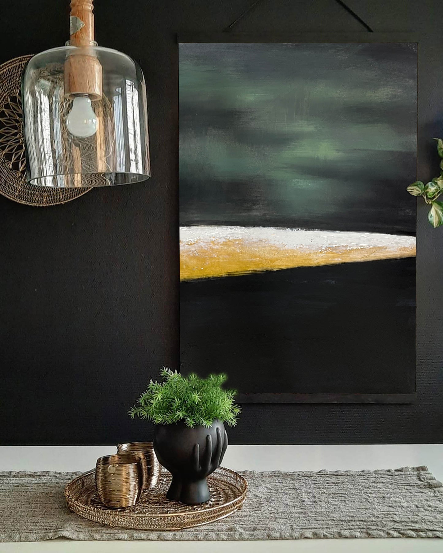 Contemporary Abstract Oil Painting with Green, Black, and Gold Tones for Modern Decor