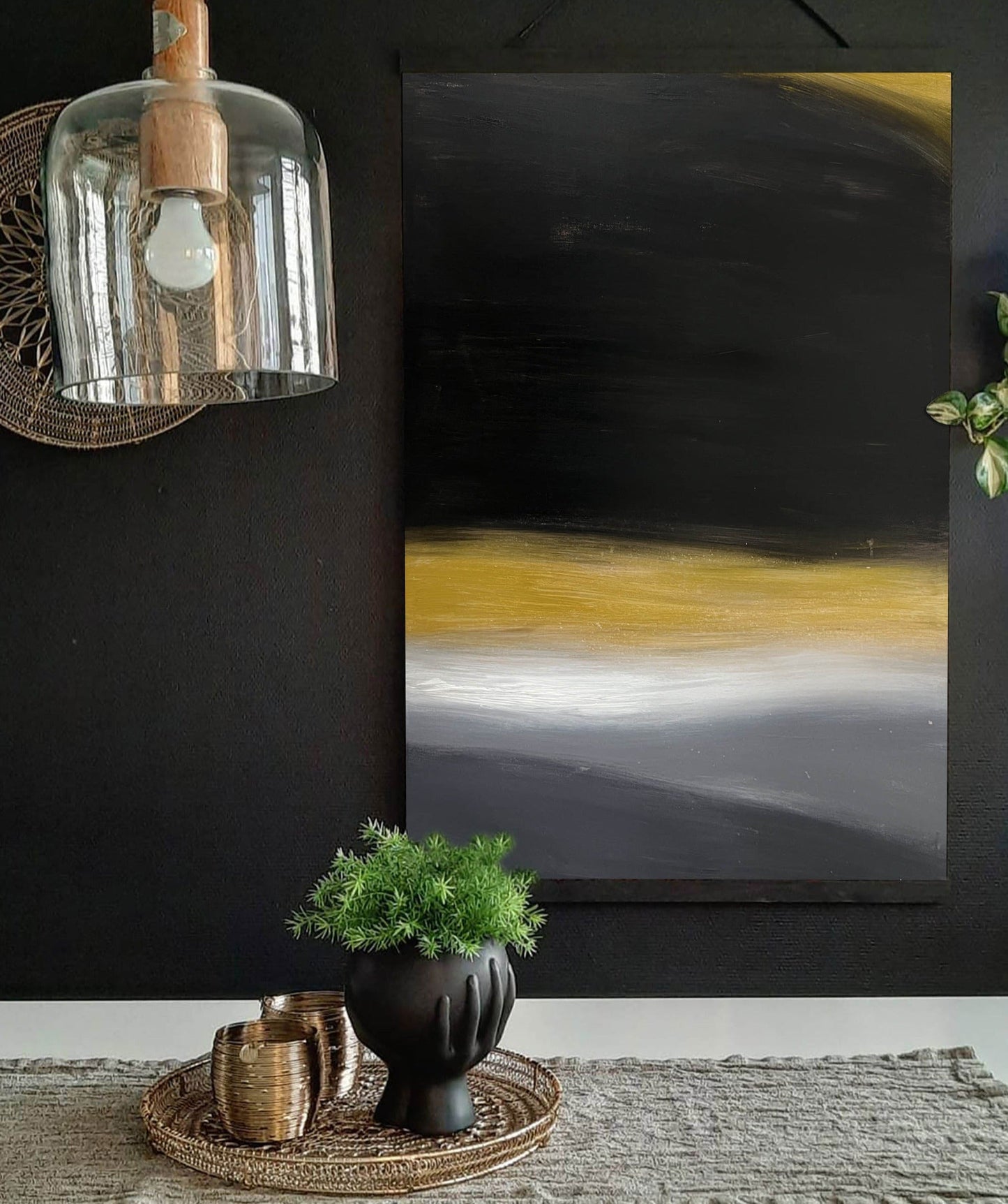 Contemporary Black and Gold Abstract Oil Painting for Modern Home Decor