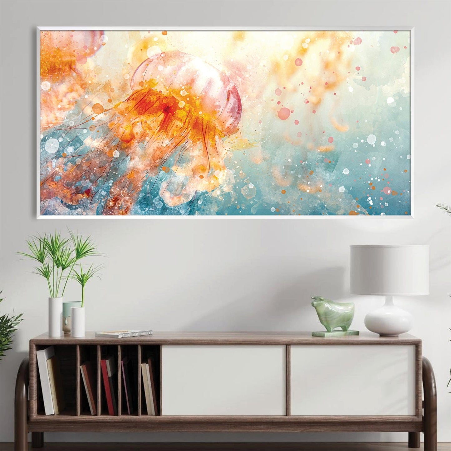 Colorful Jellyfish Oil Painting with Abstract Aqua Background