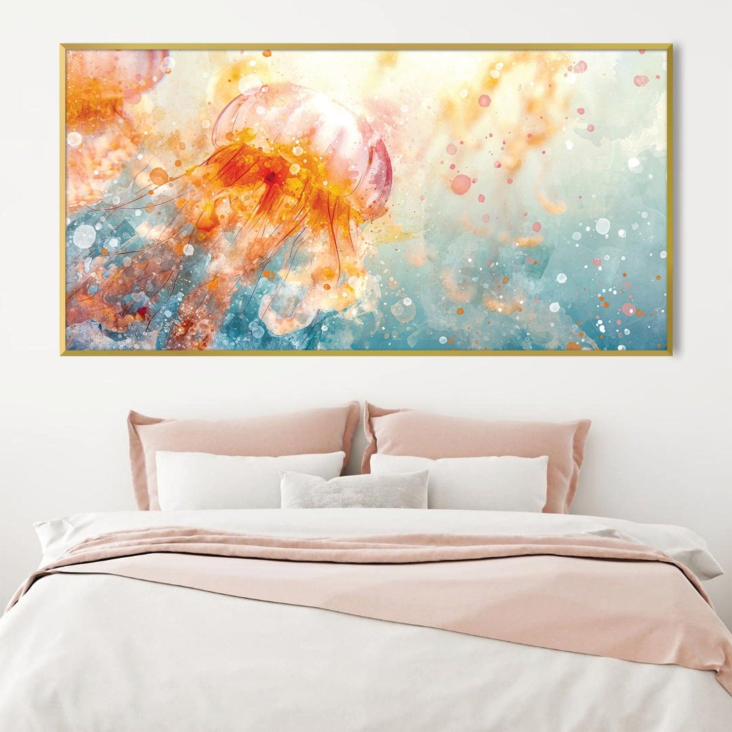 Colorful Jellyfish Oil Painting with Abstract Aqua Background