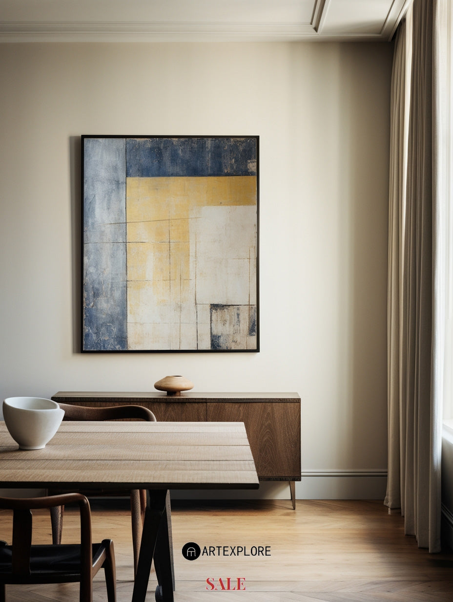 Contemporary Blue and Yellow Abstract Oil Painting for Modern Home Décor