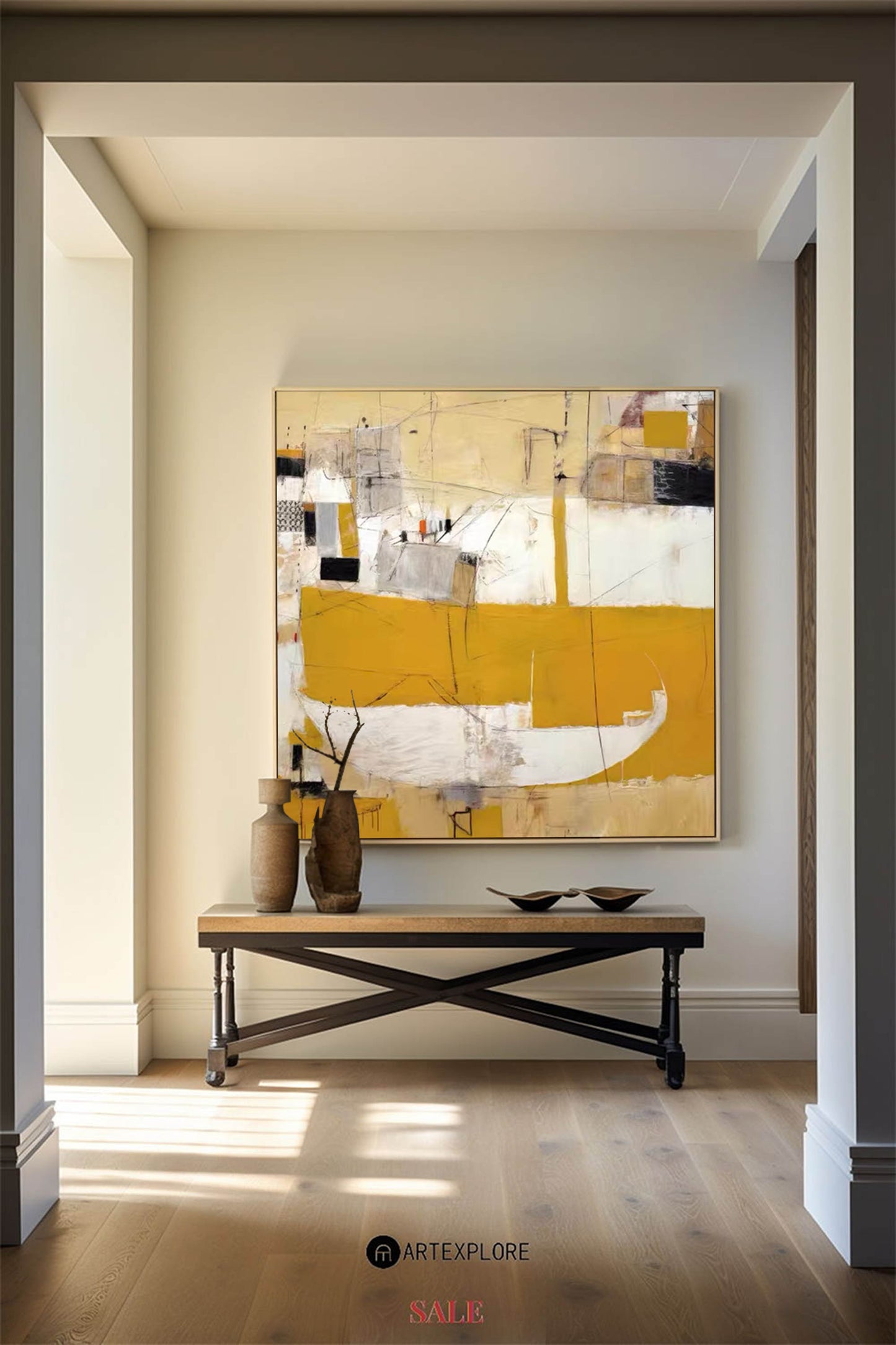 Contemporary Abstract Oil Painting with Yellow and White Harmony for Modern Decor