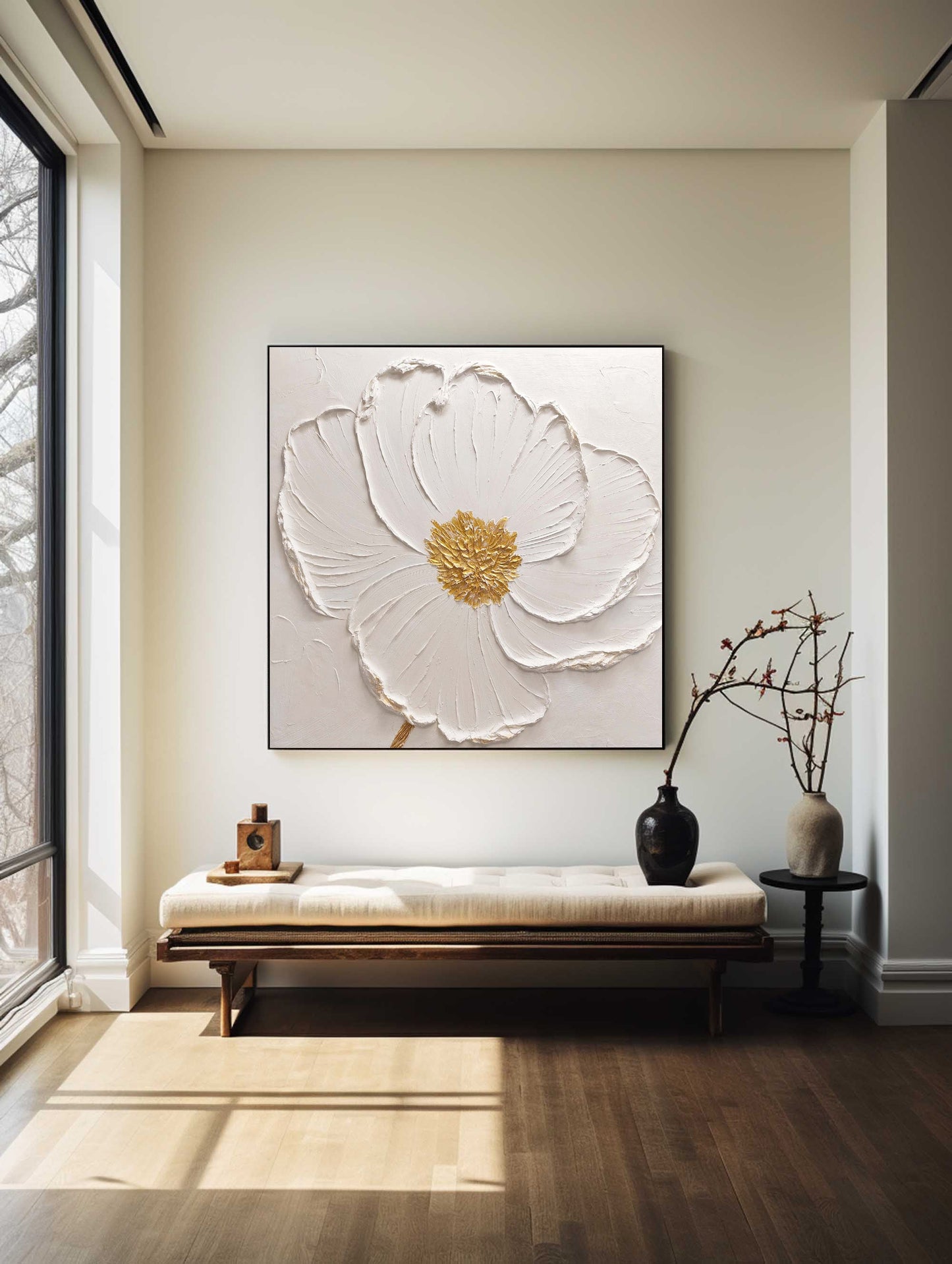 Elegant White Flower Oil Painting with Golden Details for Modern Decor