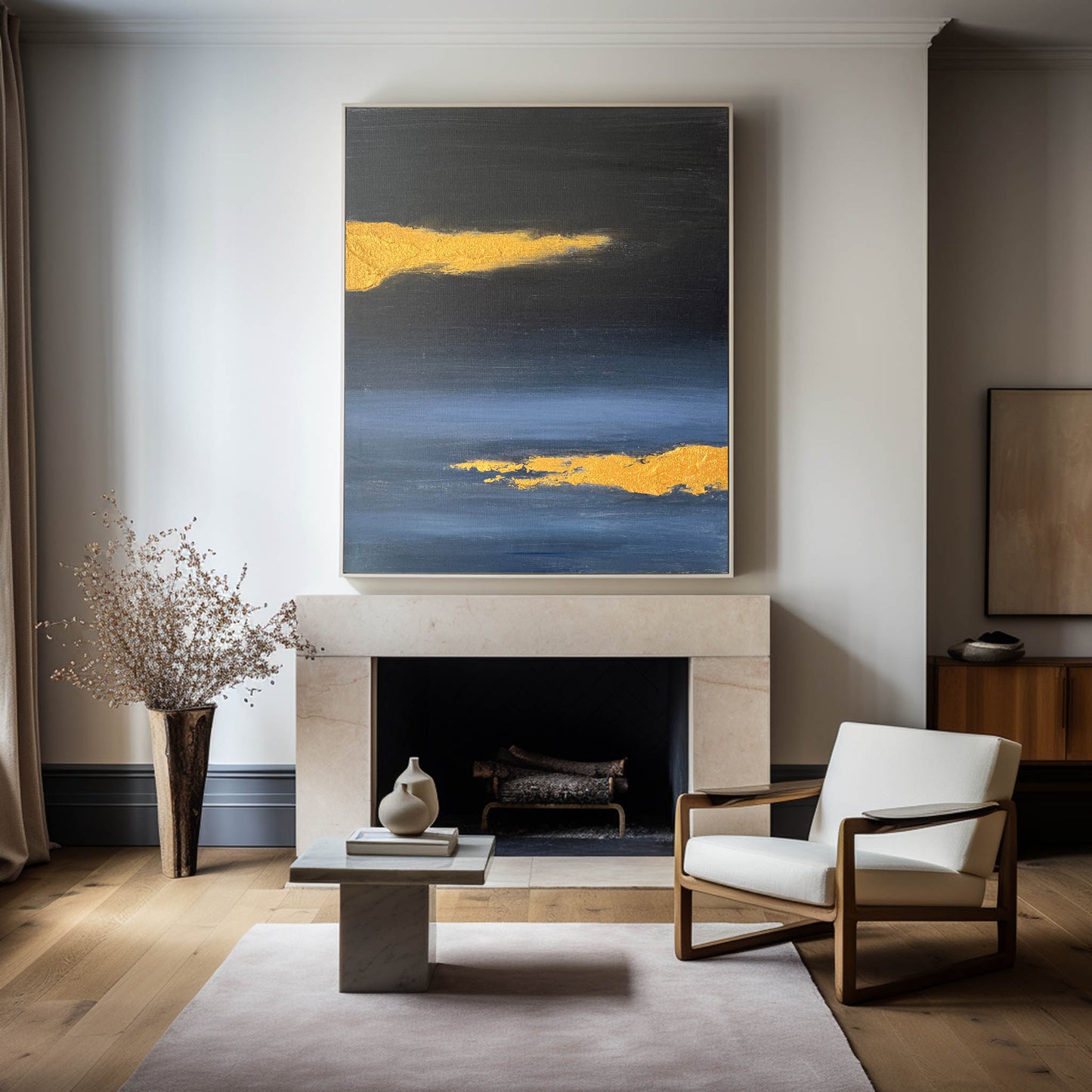 Contemporary Gold and Blue Abstract Oil Painting for Modern Home Decor