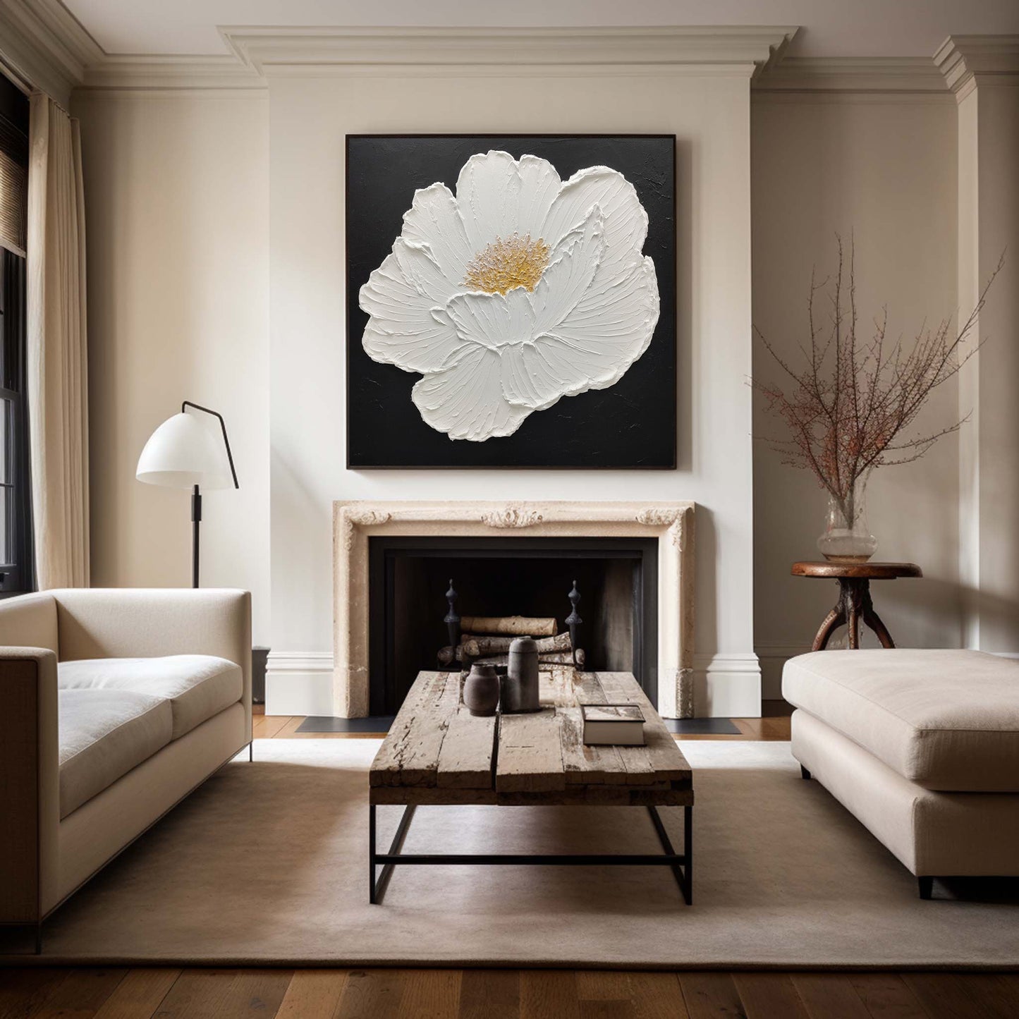 Elegant White Flower Oil Painting on Black Canvas - Modern Abstract Art Decor