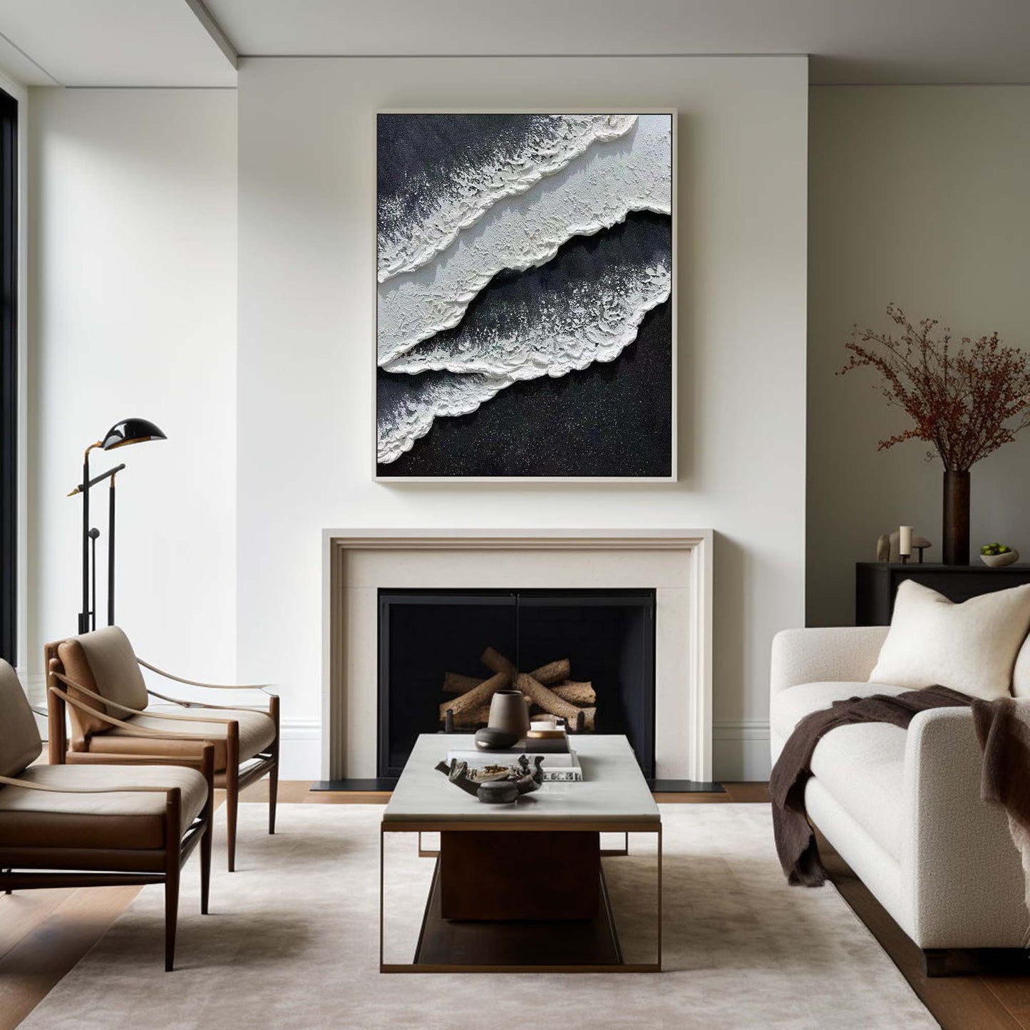 Monochrome Seascape Oil Painting with Textured Waves and Elegance
