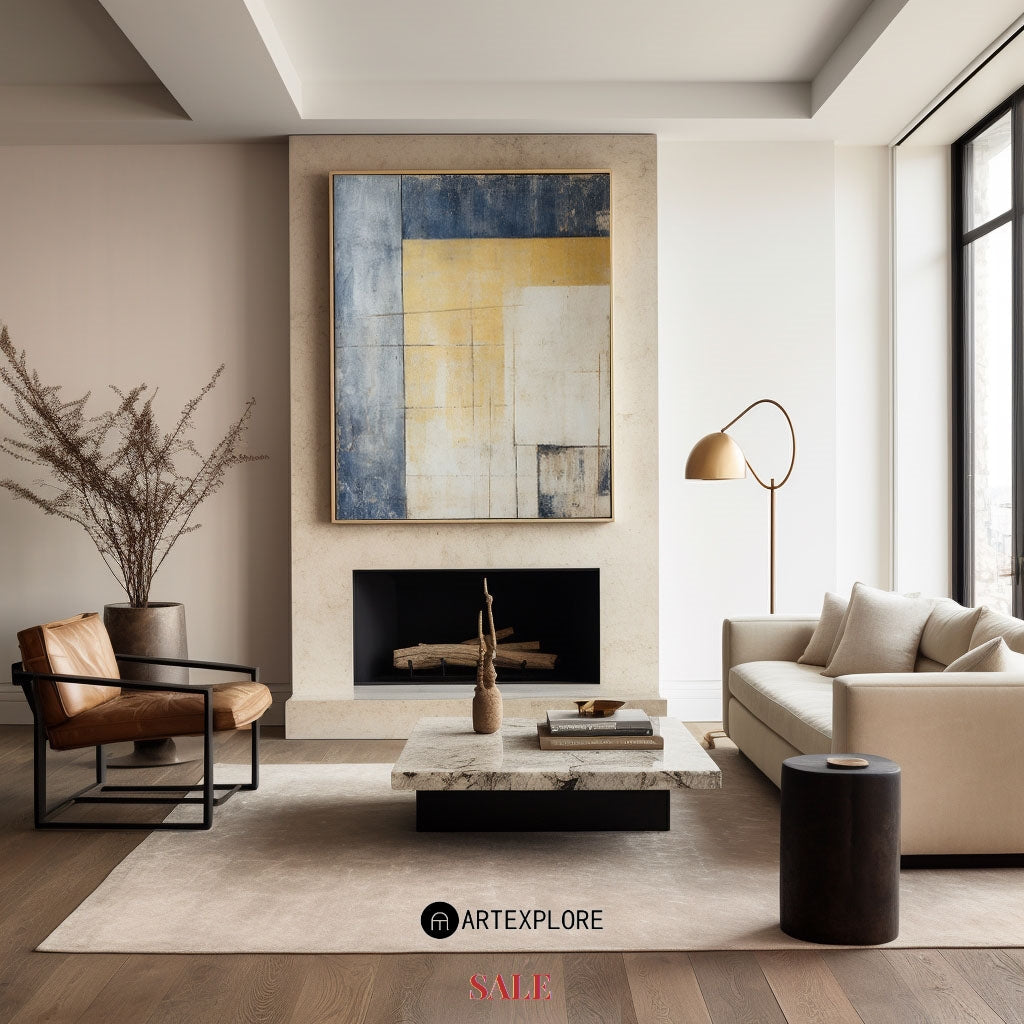 Contemporary Blue and Yellow Abstract Oil Painting for Modern Home Décor