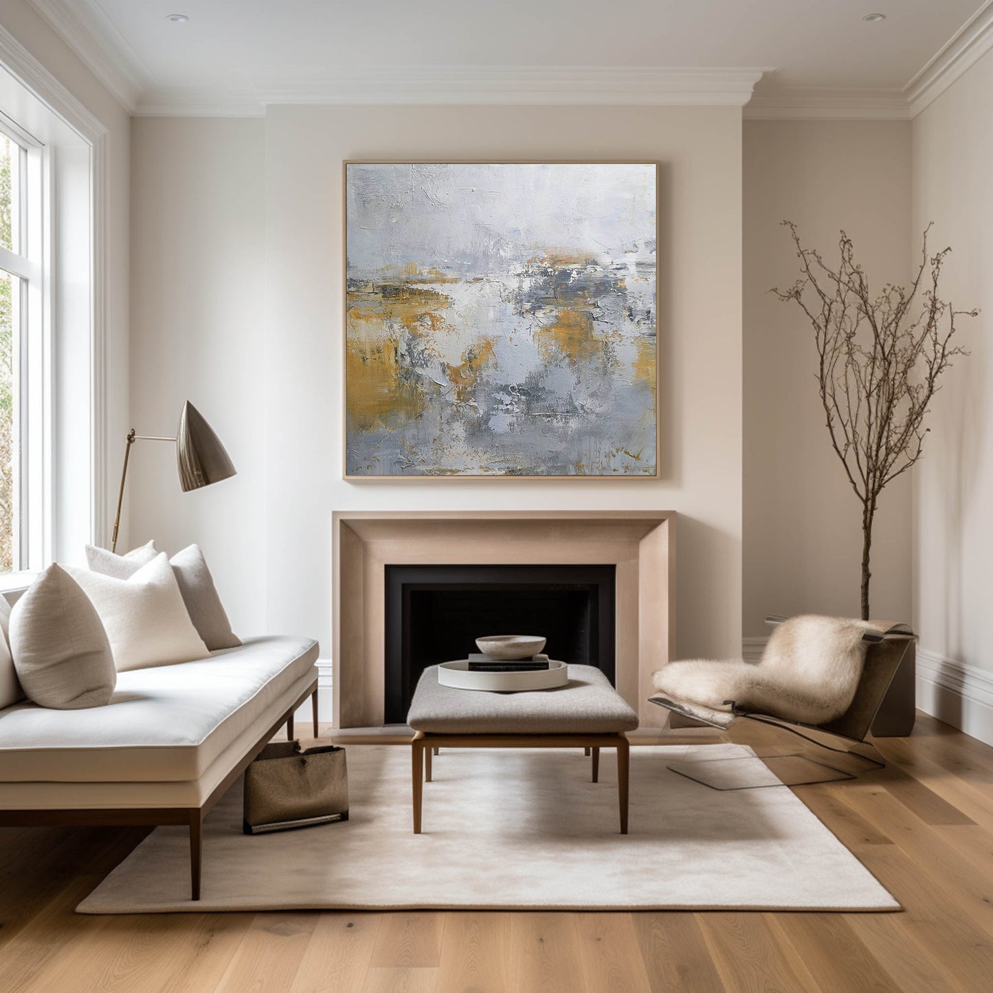 Abstract Modern Coastal Landscape in Soft Pastels and Gold Tones for Elegant Decor