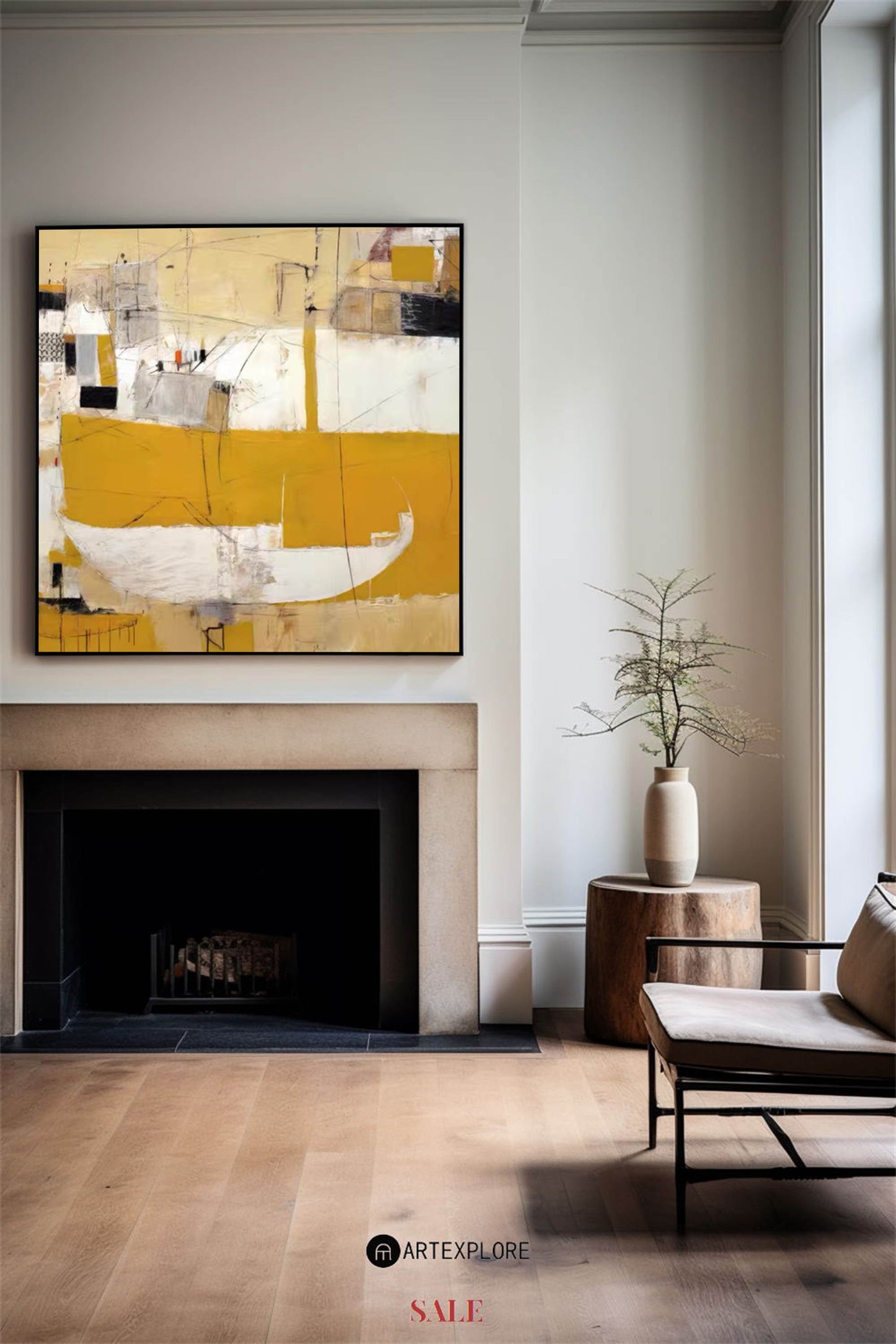 Contemporary Abstract Oil Painting with Yellow and White Harmony for Modern Decor