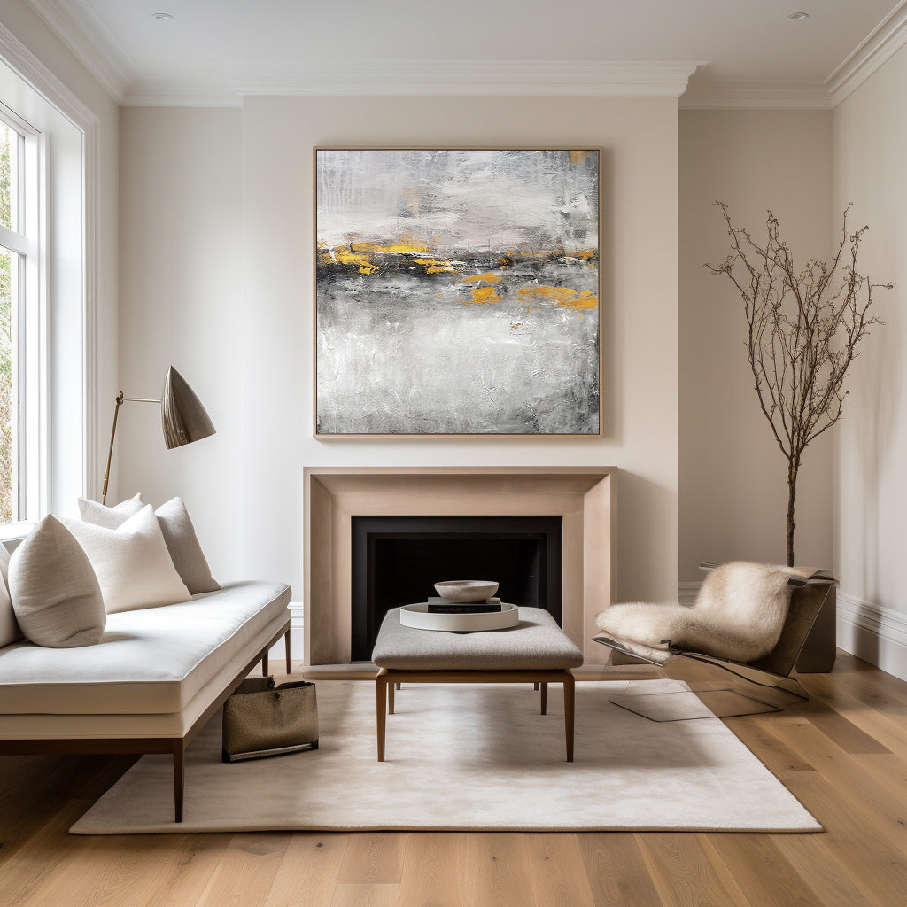 Bold Abstract Landscape Oil Painting with Textured Grays and Vibrant Gold Accents