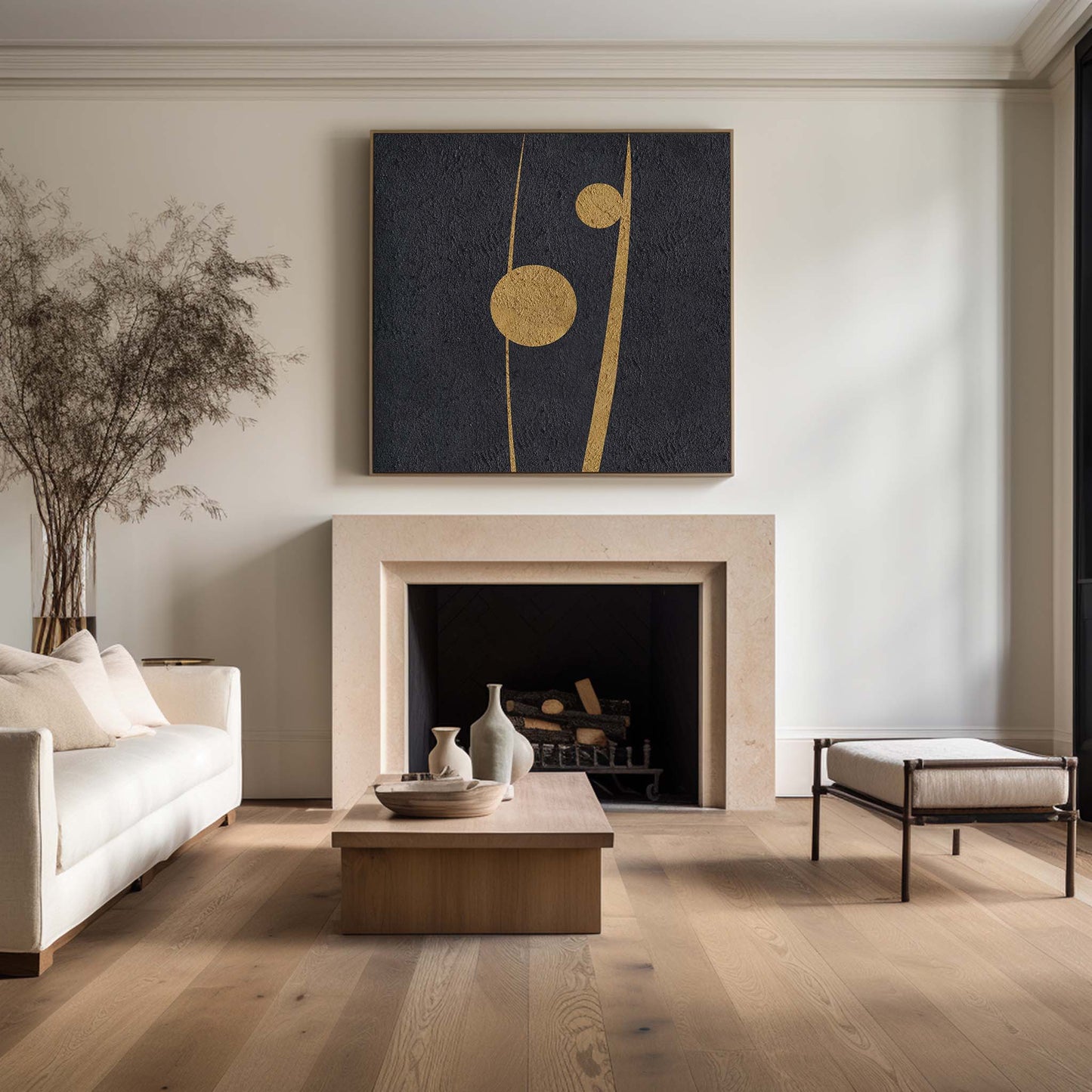 Elegant Black and Gold Abstract Minimalist Oil Painting for Modern Home Decor