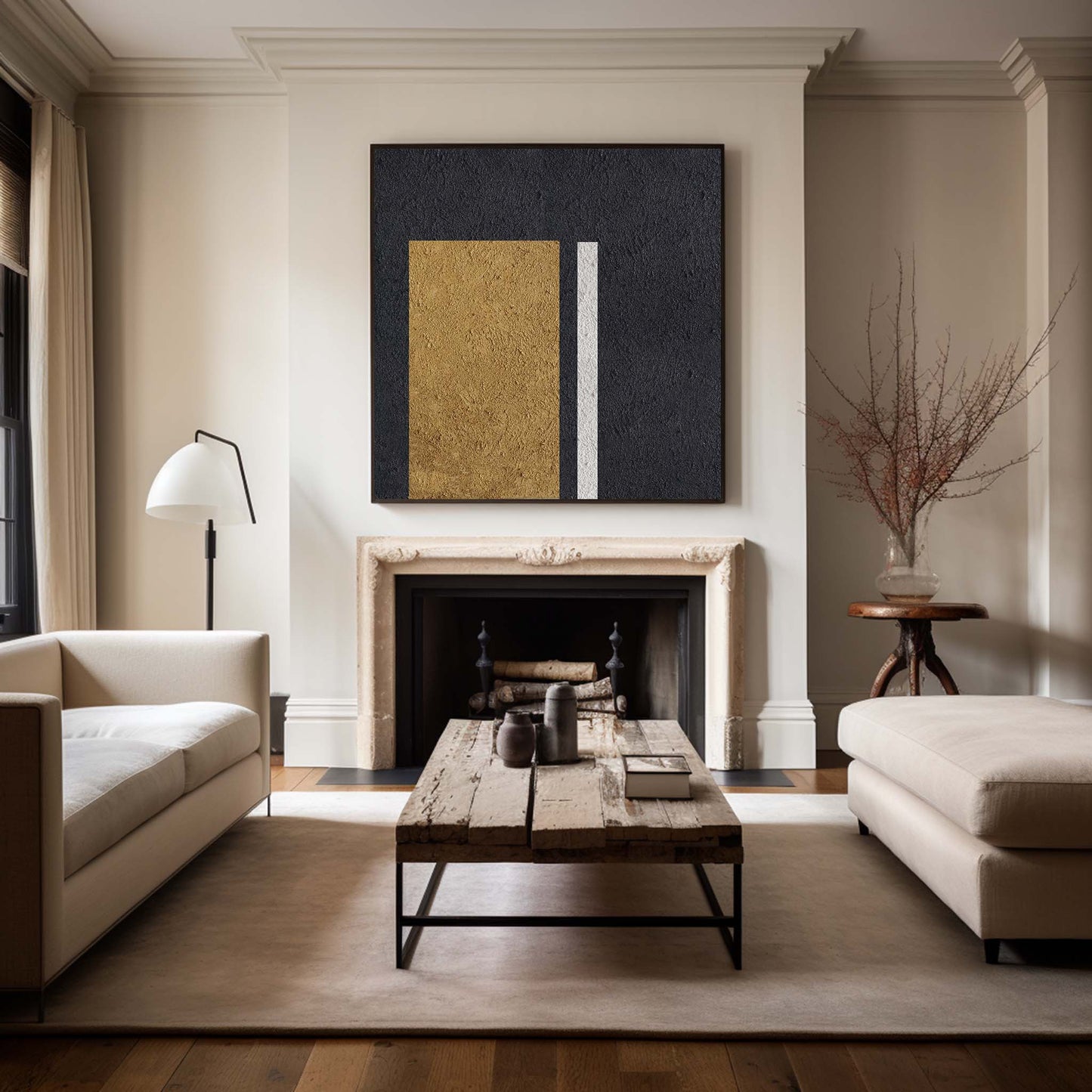 Elegant Black Gold White Minimalist Oil Painting for Modern Home Decor