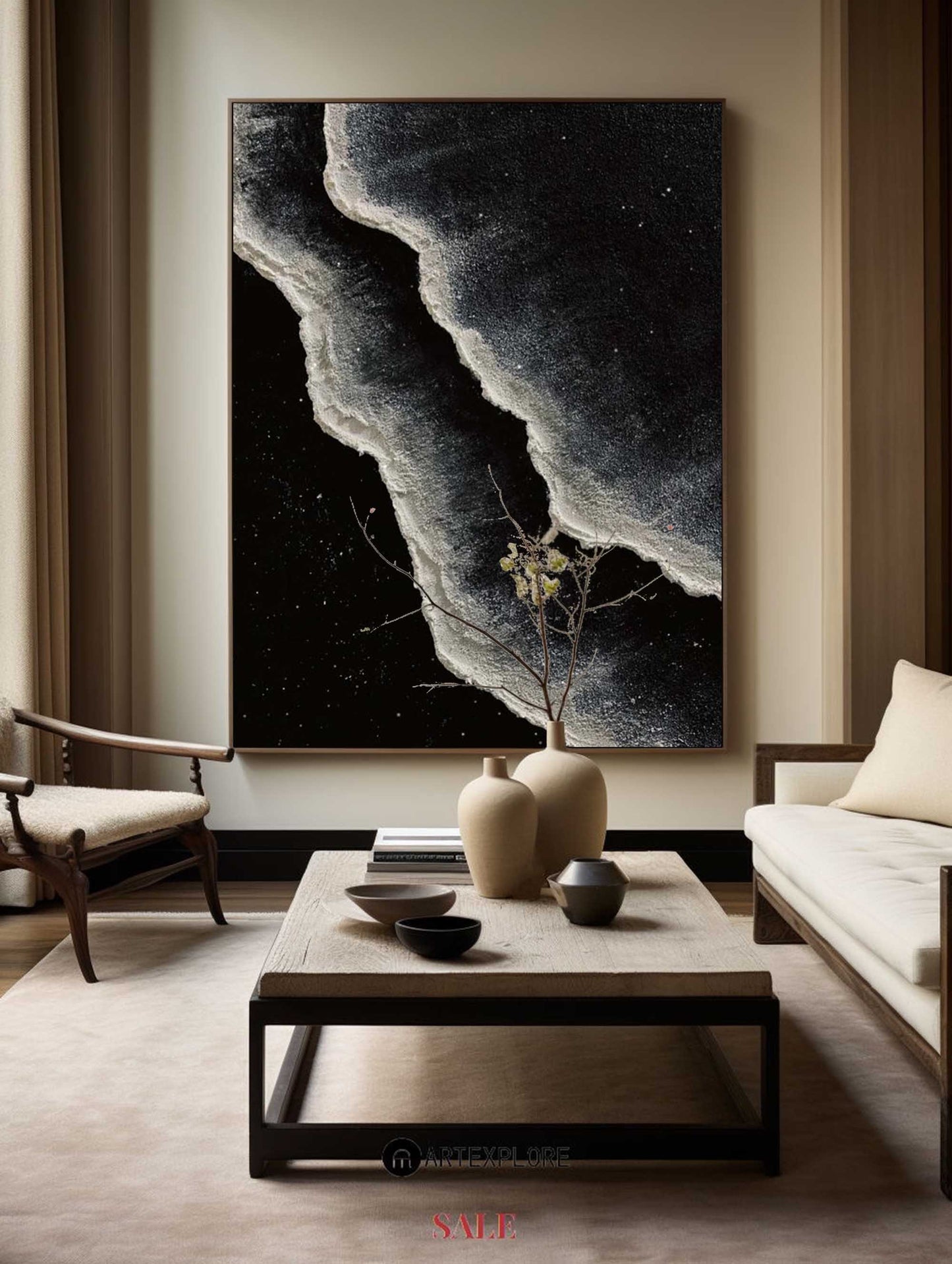Monochrome Coastal Waves Oil Painting - Modern Black and White Art for Home Décor