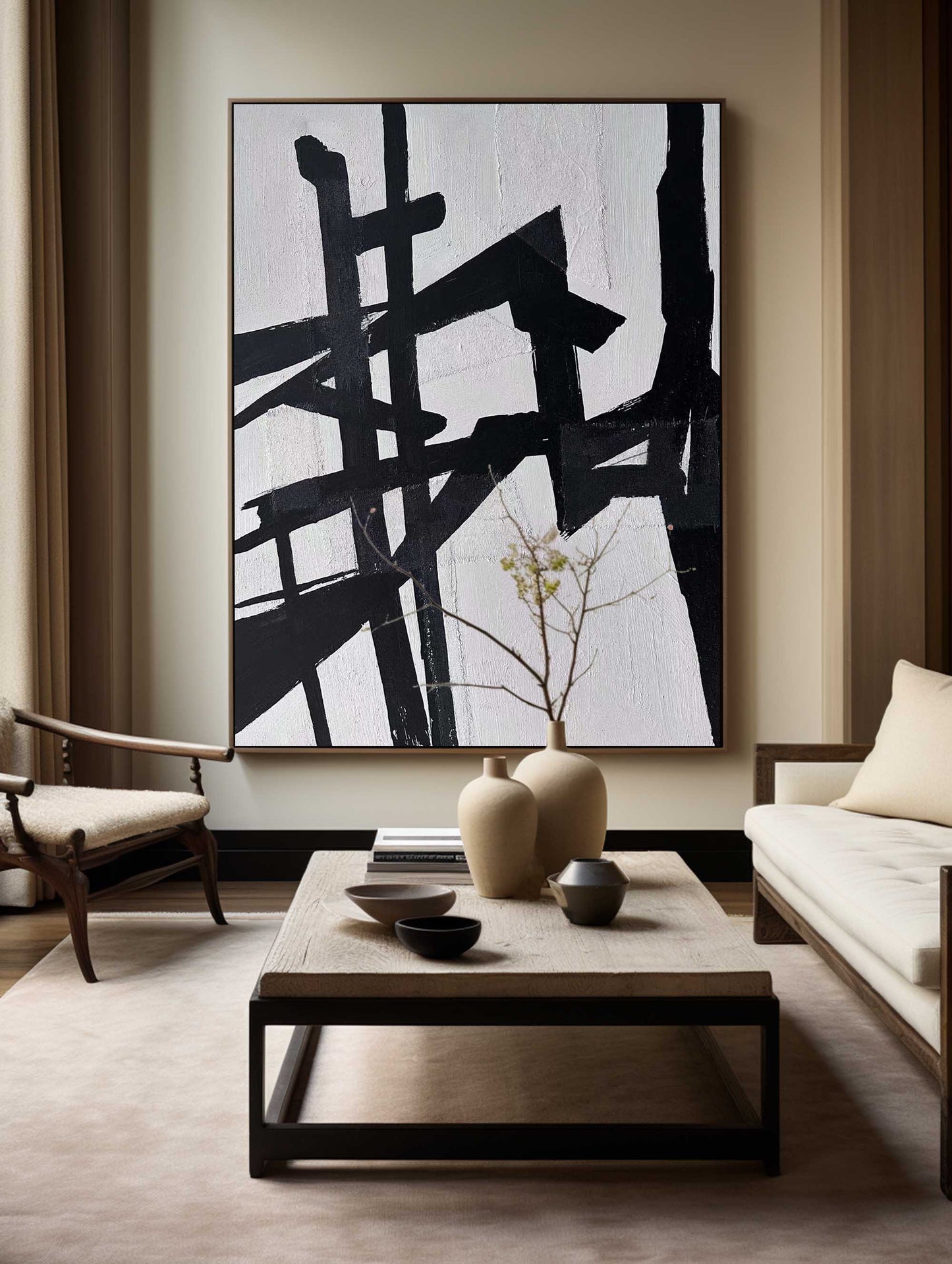 Contemporary Black and White Abstract Oil Painting for Modern Home Decor