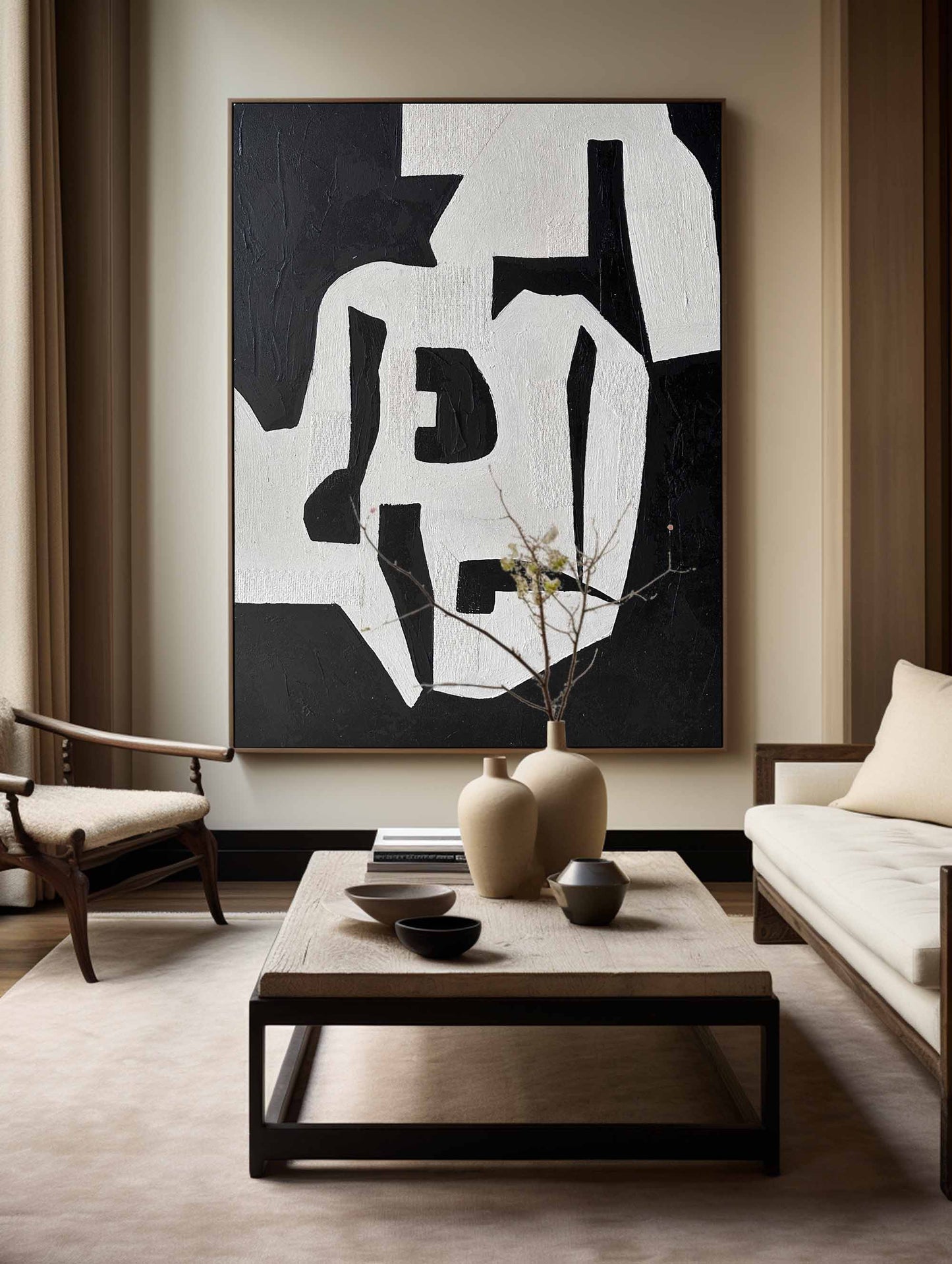 Contemporary Black and White Abstract Oil Painting for Modern Home Decor