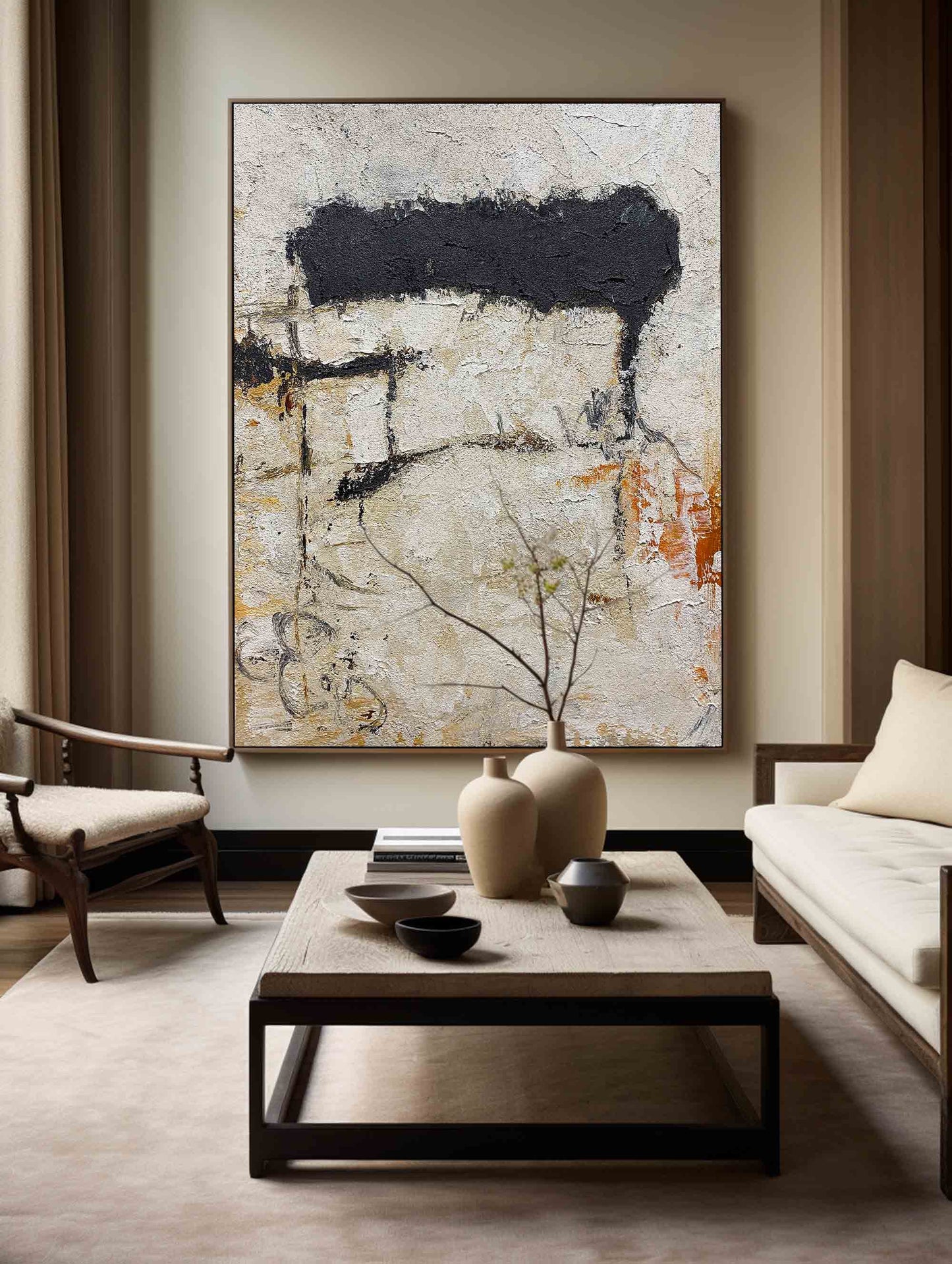 Abstract Black and White Minimalist Oil Painting for Modern Home Décor