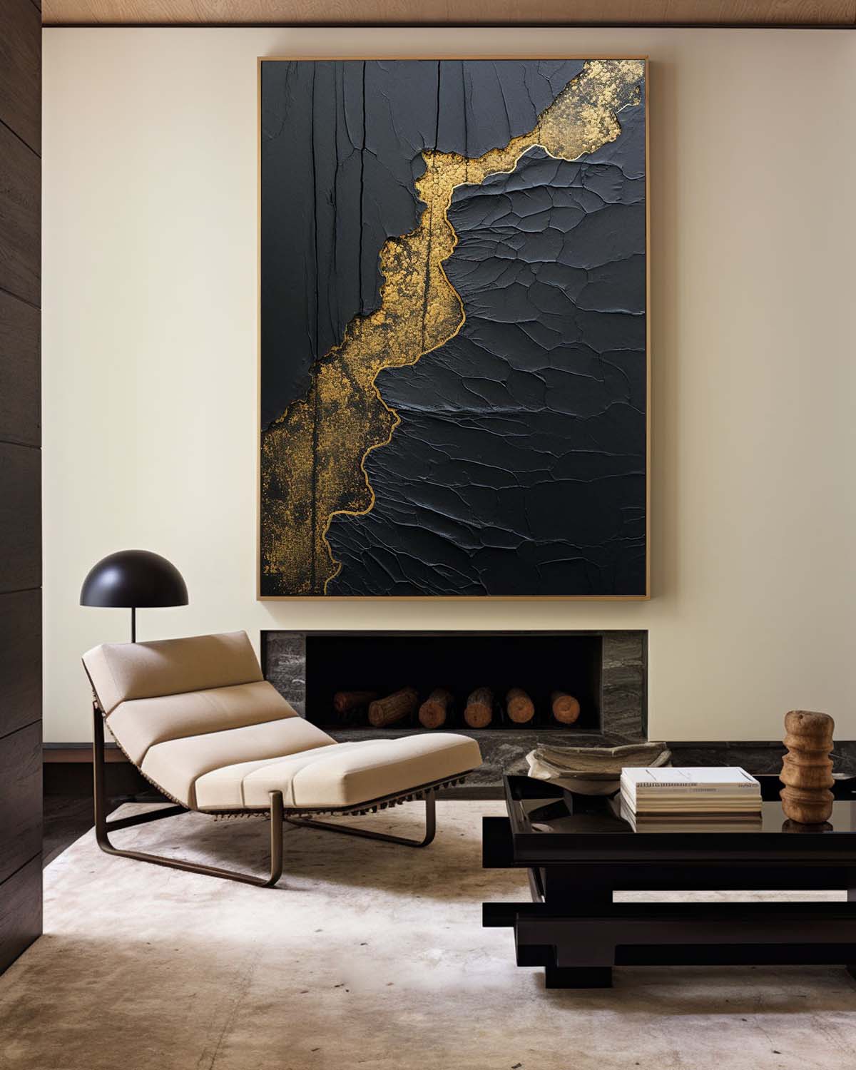 Elegant Black and Gold Minimalist Abstract Oil Painting for Modern Home Decor