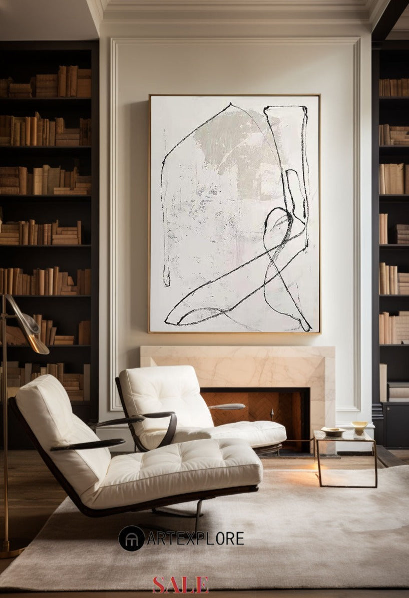 Contemporary White Abstract Oil Painting with Minimalist Line Art Design