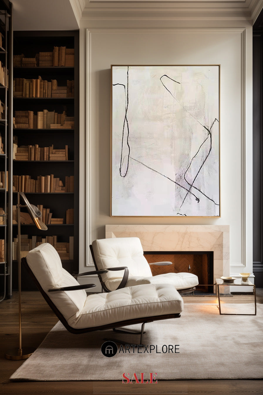 Abstract White Minimalist Oil Painting with Elegant Lines for Modern Home Decor