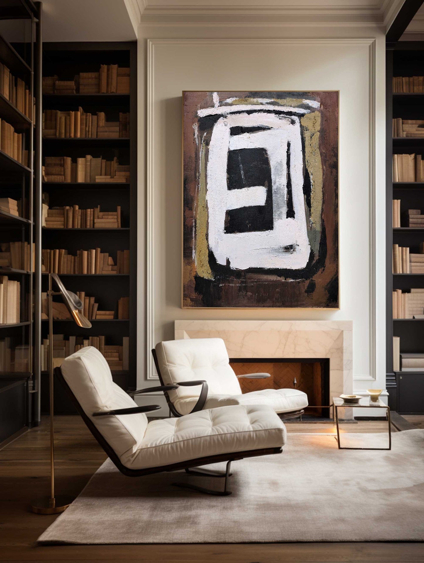 Contemporary Brown Abstract Oil Painting with Geometric Design for Modern Decor