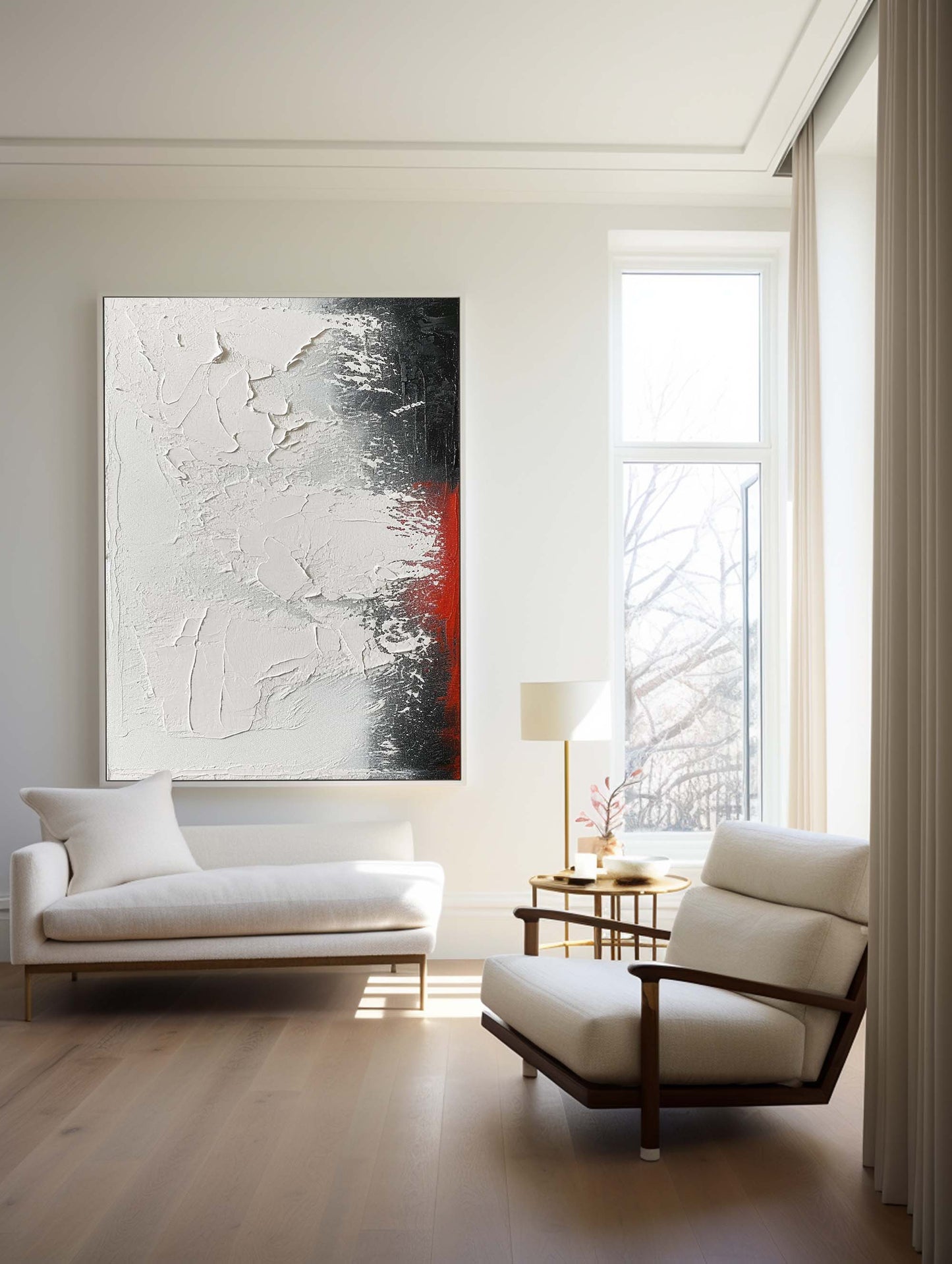 Contemporary Textured Abstract Oil Painting with Bold Black and Red Accents
