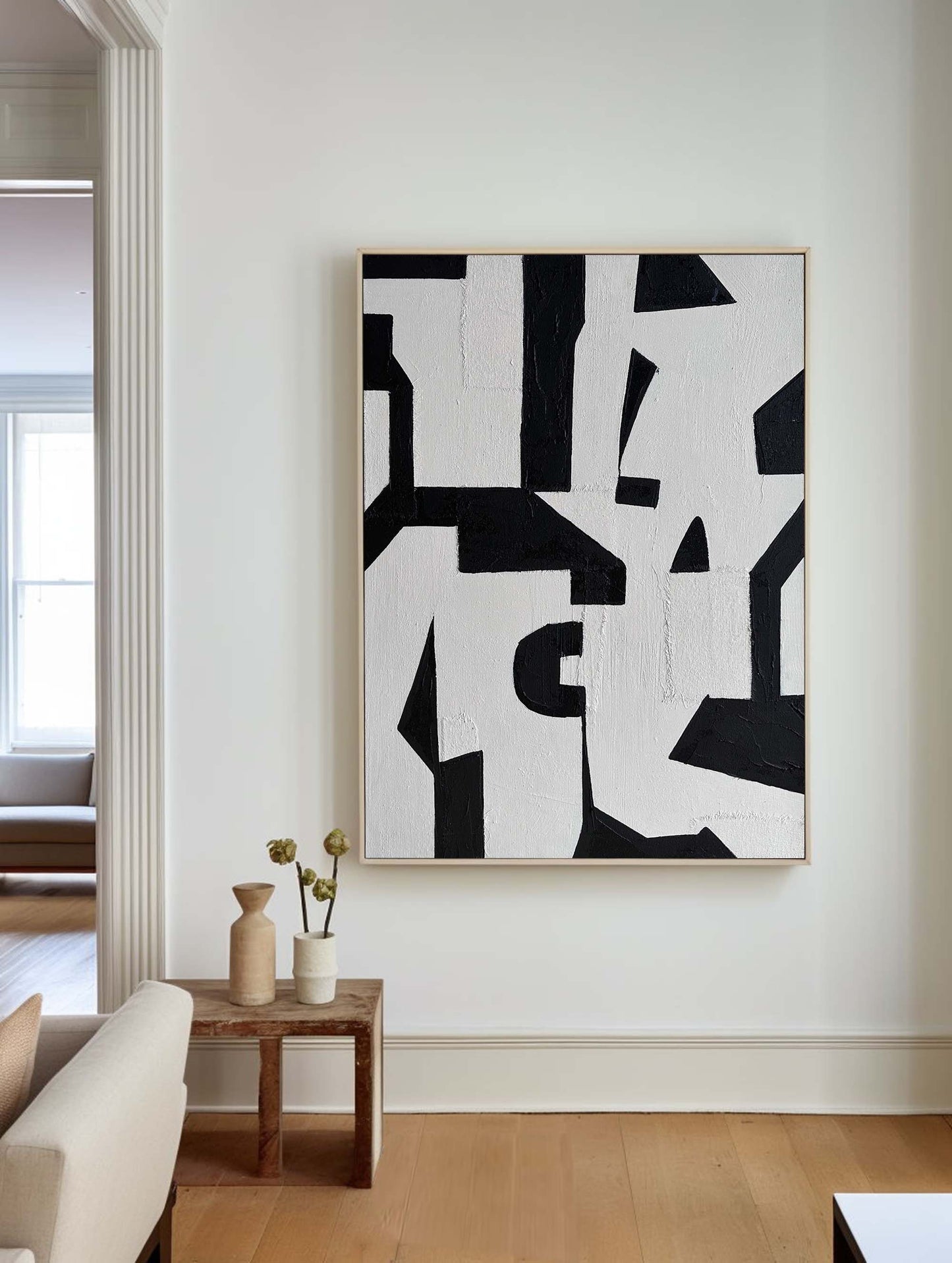 Black and White Modern Abstract Oil Painting for Contemporary Home Decor