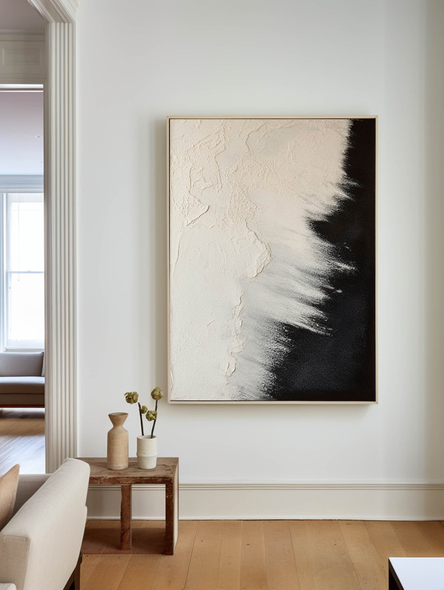 Abstract Black and Beige Ocean Landscape Oil Painting for Modern Home Decor