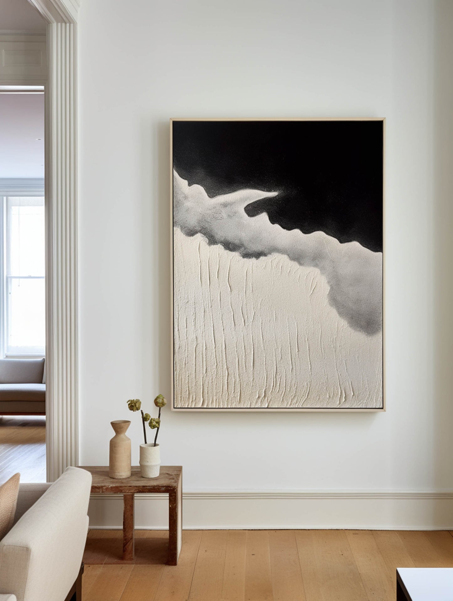 Modern Black and Beige Coastal Seascape Oil Painting for Contemporary Decor