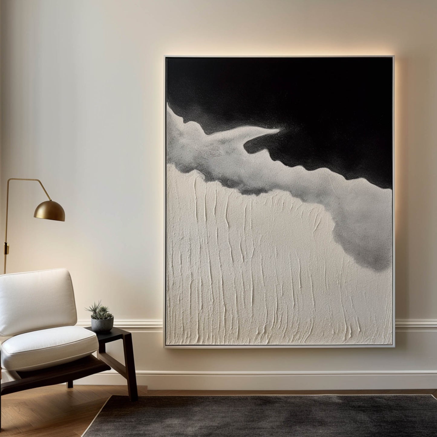 Modern Black and Beige Coastal Seascape Oil Painting for Contemporary Decor
