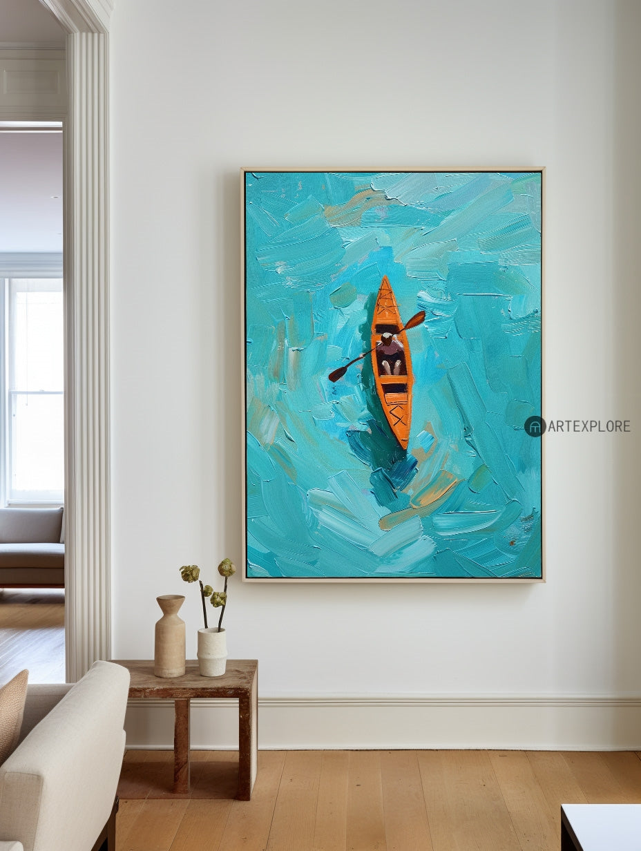 Vibrant Blue Ocean Kayaking Oil Painting for Nautical Home Decor