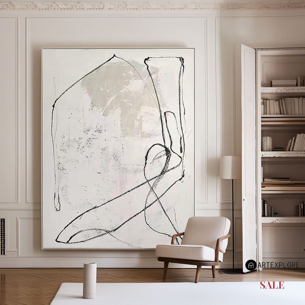 Contemporary White Abstract Oil Painting with Minimalist Line Art Design