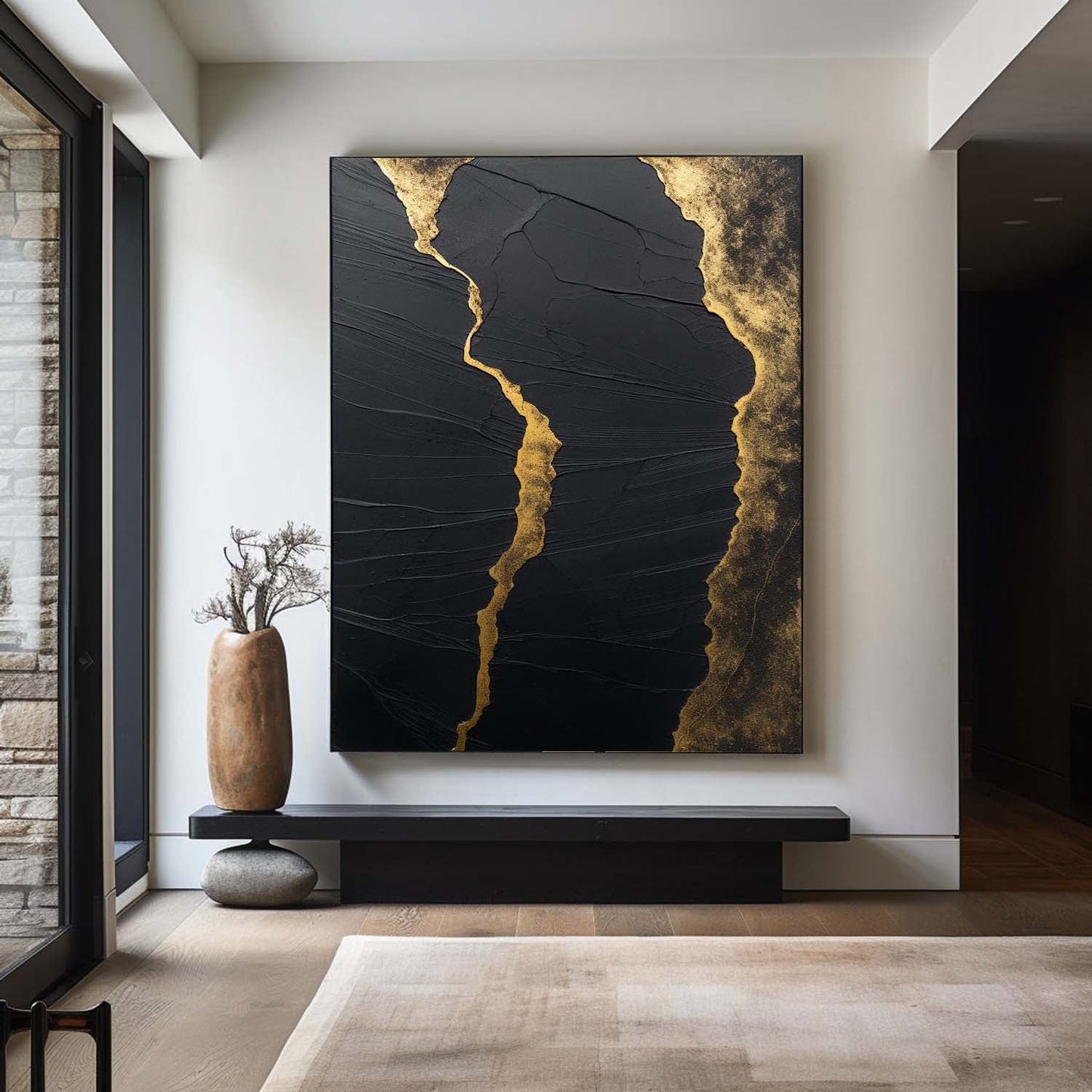Elegant Black and Gold Minimalist Abstract Oil Painting for Modern Home Decor