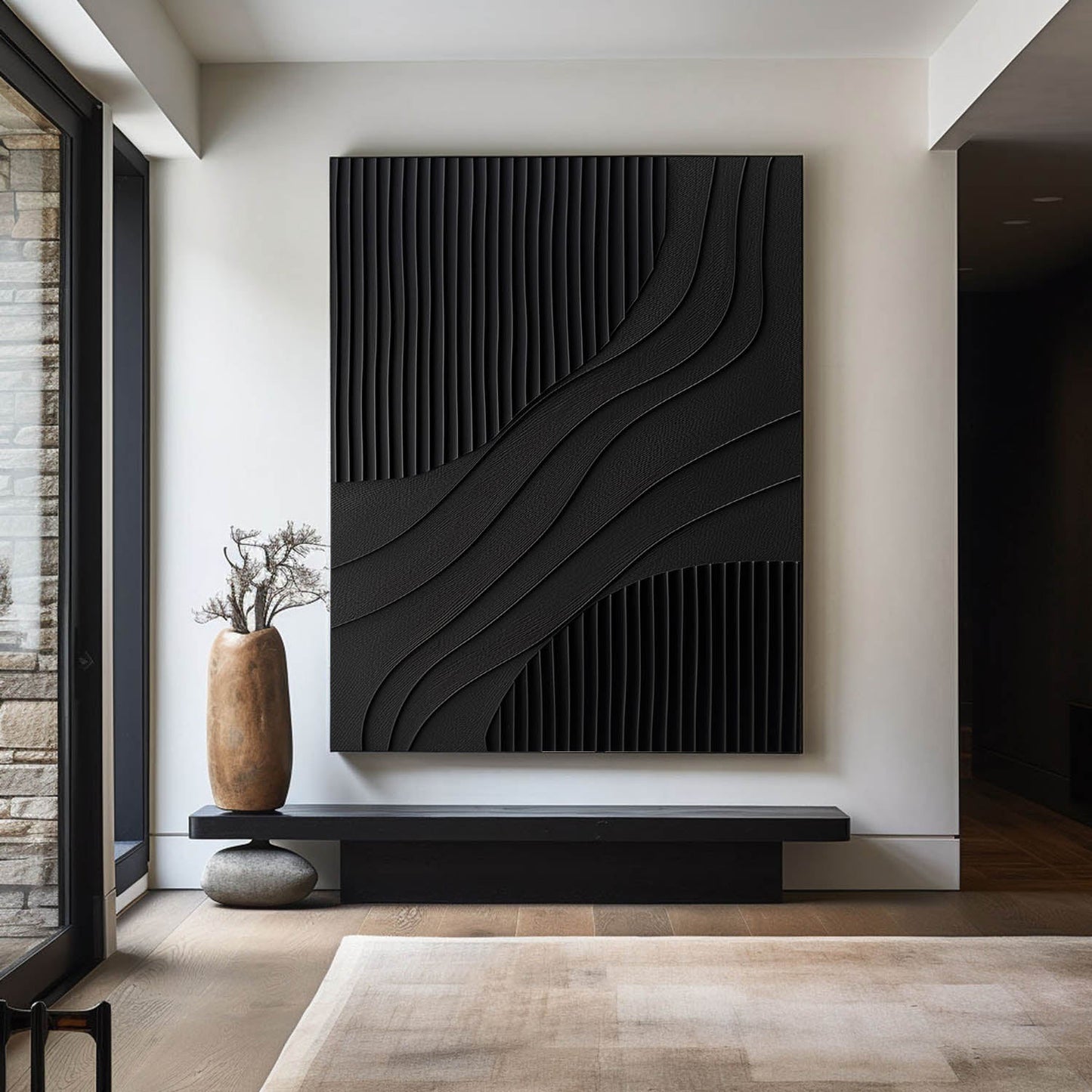 Elegant Black Minimalist Abstract Oil Painting for Modern Home Decor