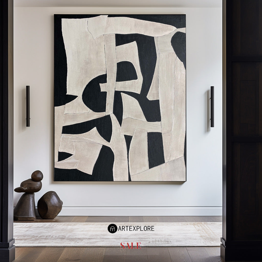 Contemporary Black and White Abstract Oil Painting for Modern Home Decor