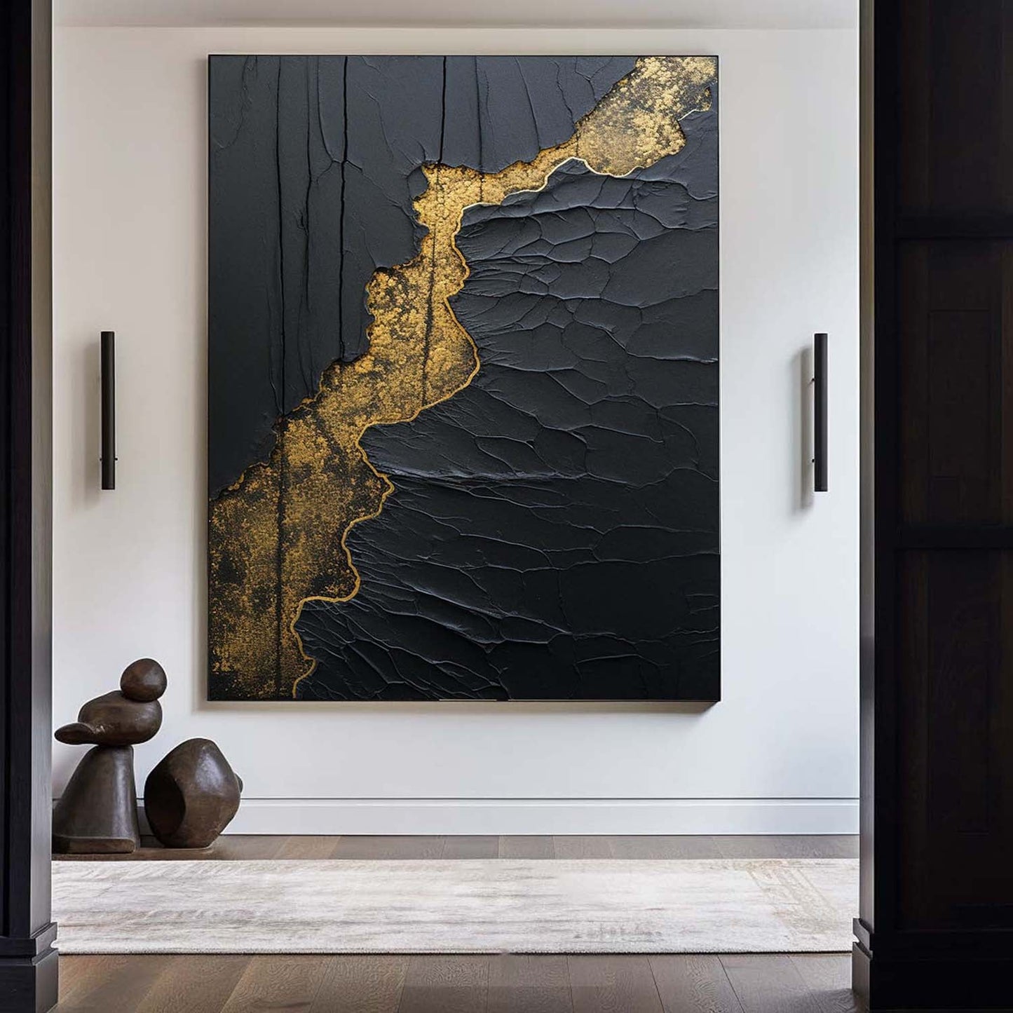 Elegant Black and Gold Minimalist Abstract Oil Painting for Modern Home Decor