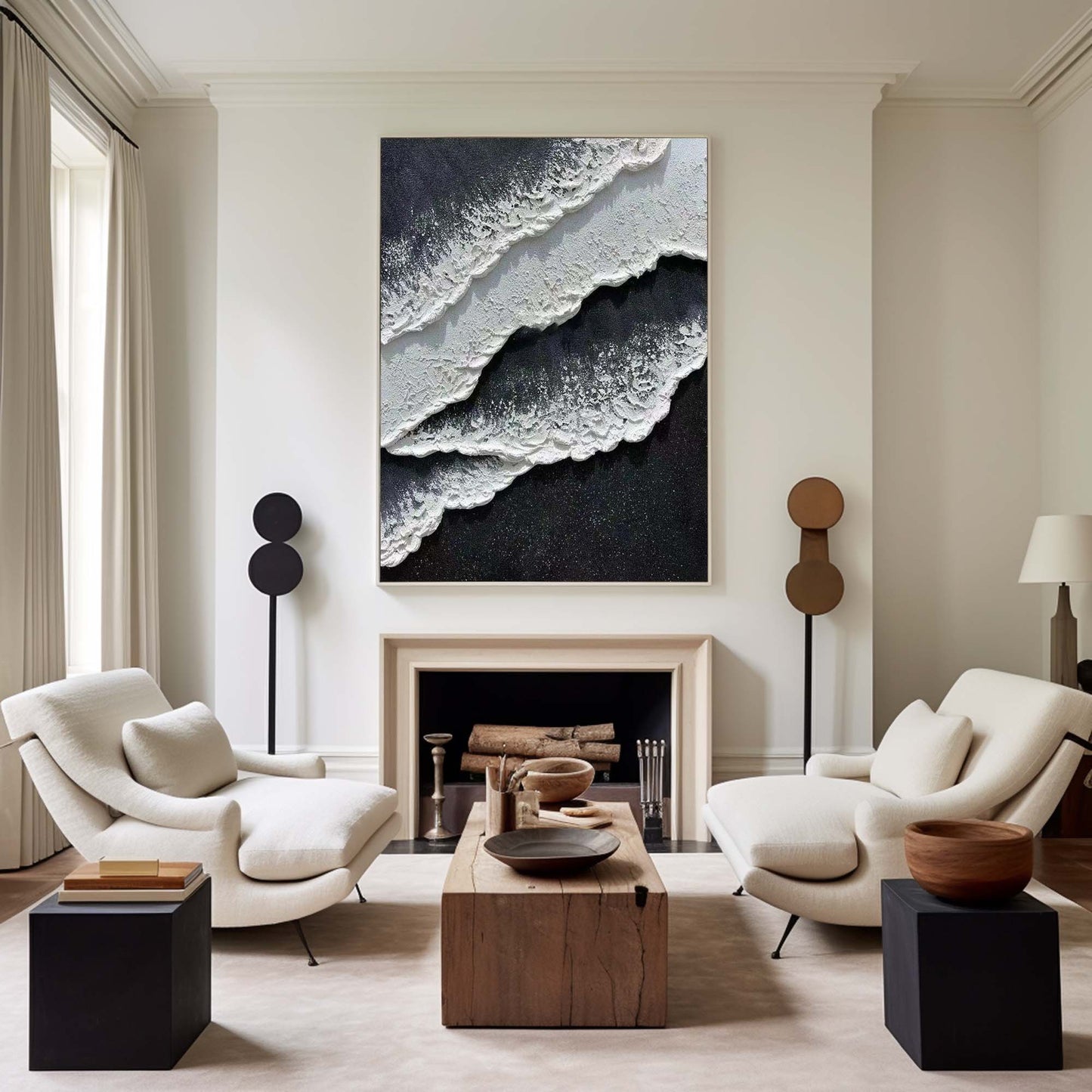 Monochrome Seascape Oil Painting with Textured Waves and Elegance