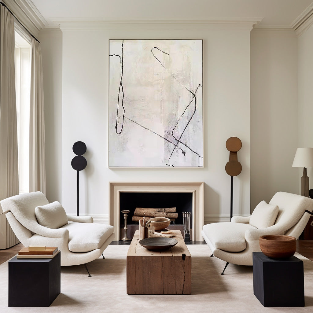 Abstract White Minimalist Oil Painting with Elegant Lines for Modern Home Decor