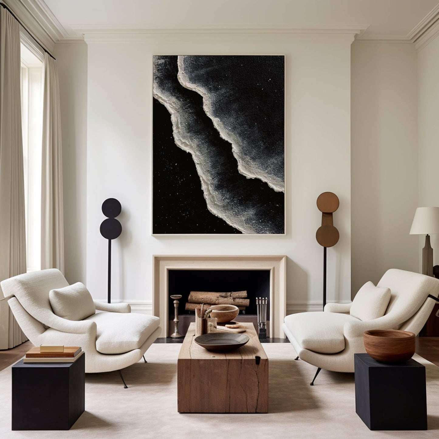 Monochrome Coastal Waves Oil Painting - Modern Black and White Art for Home Décor