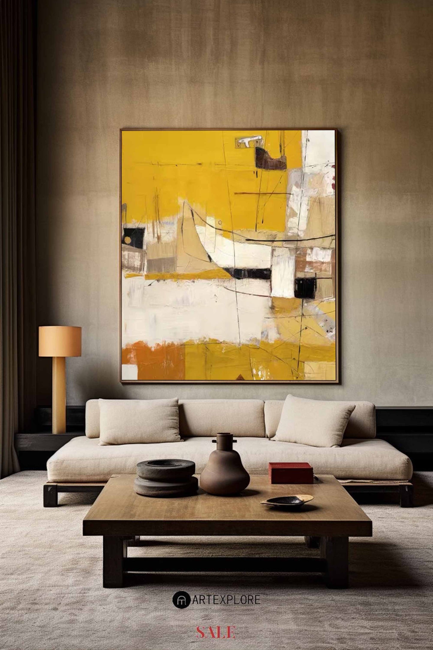 Vibrant Yellow Modern Abstract Oil Painting for Contemporary Home Decor