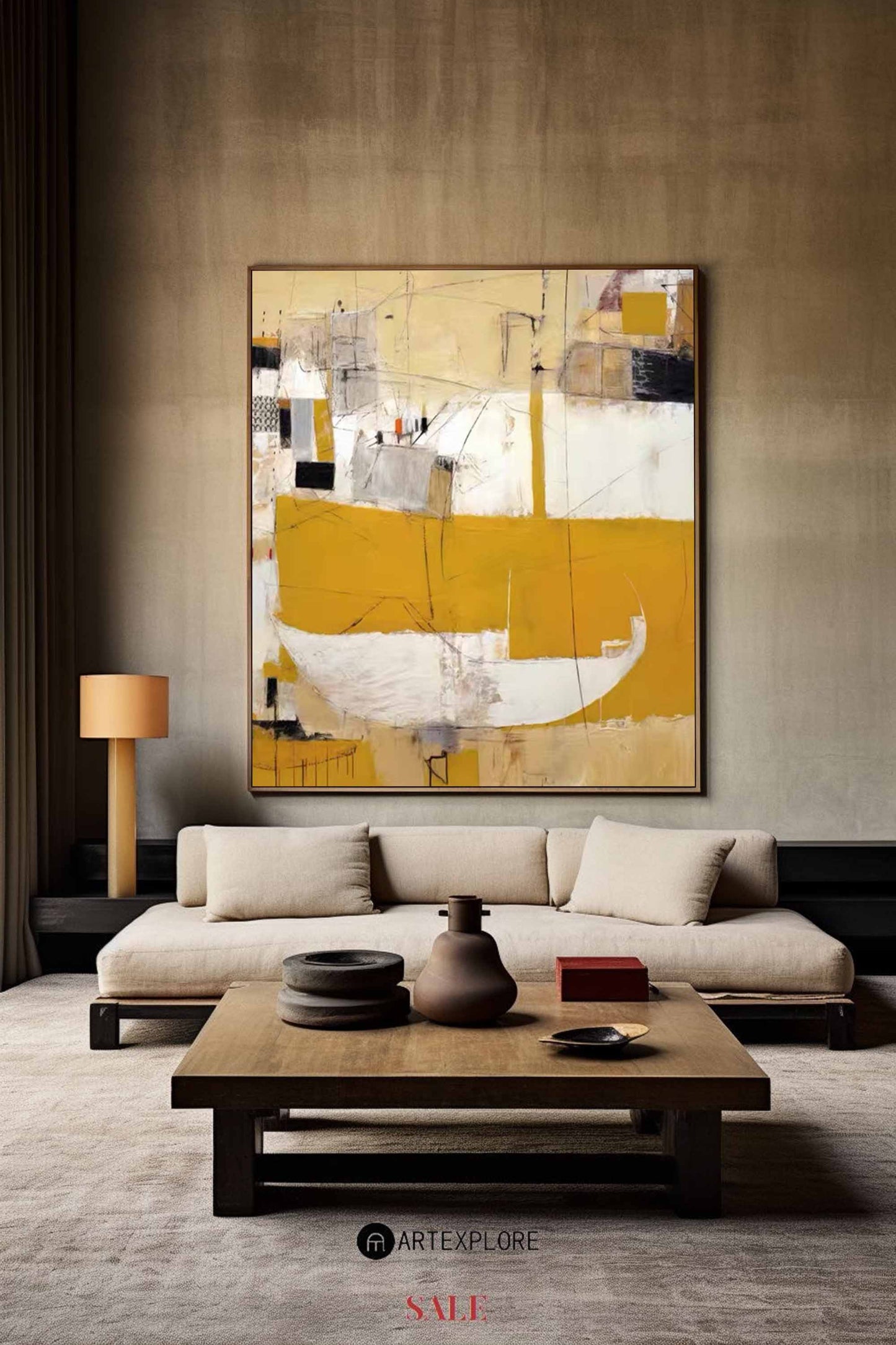 Contemporary Abstract Oil Painting with Yellow and White Harmony for Modern Decor