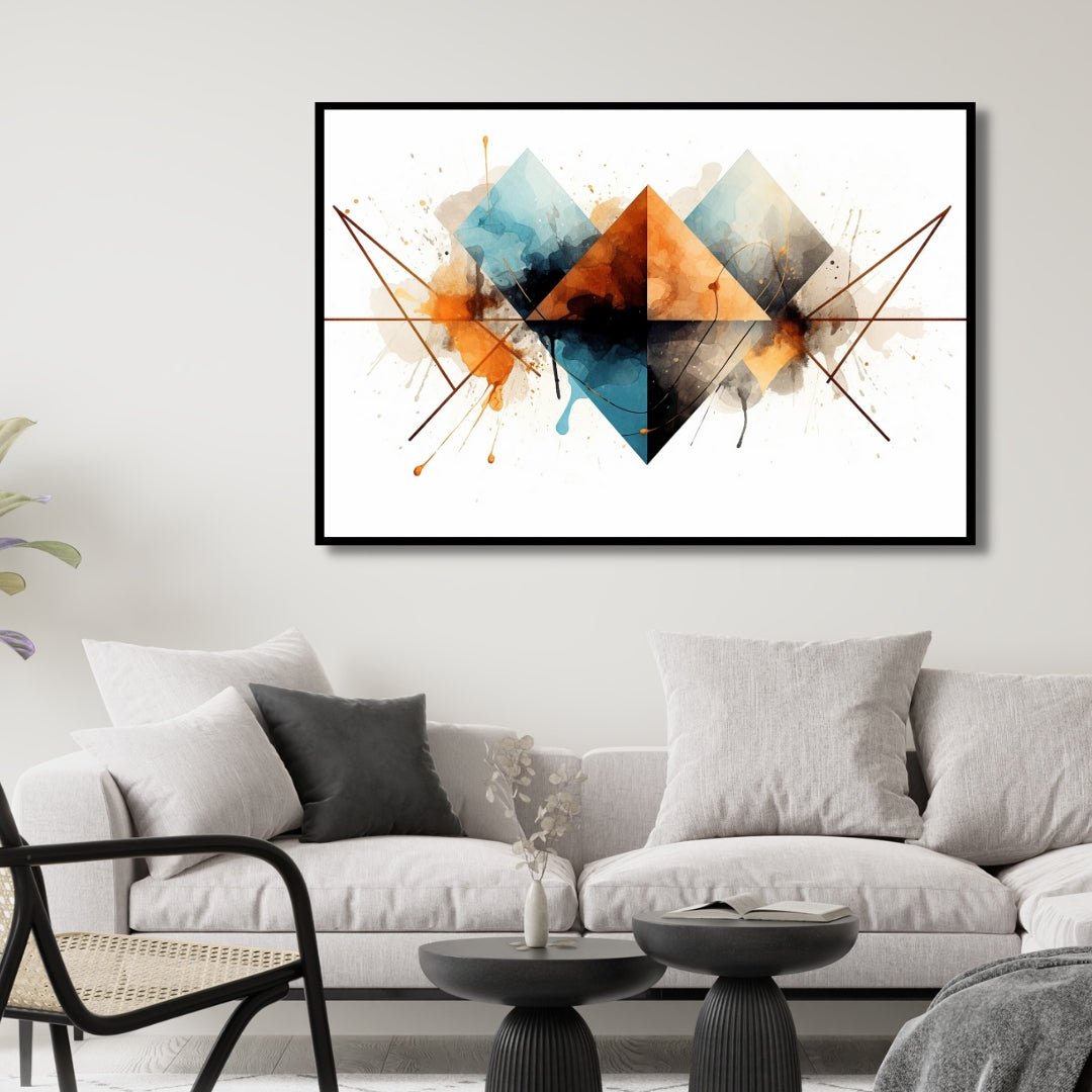 Bold Geometric Orange and Blue Abstract Oil Painting for Modern Home Decor